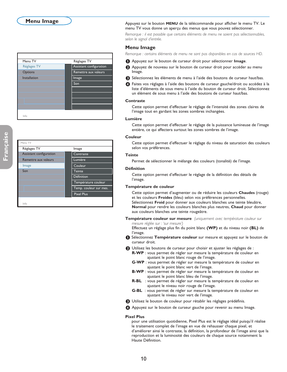 English française español, Menu image | Philips digital widescreen flat TV 37PFL5332D 37" LCD integrated digital with Pixel Plus 3 HD User Manual | Page 54 / 124