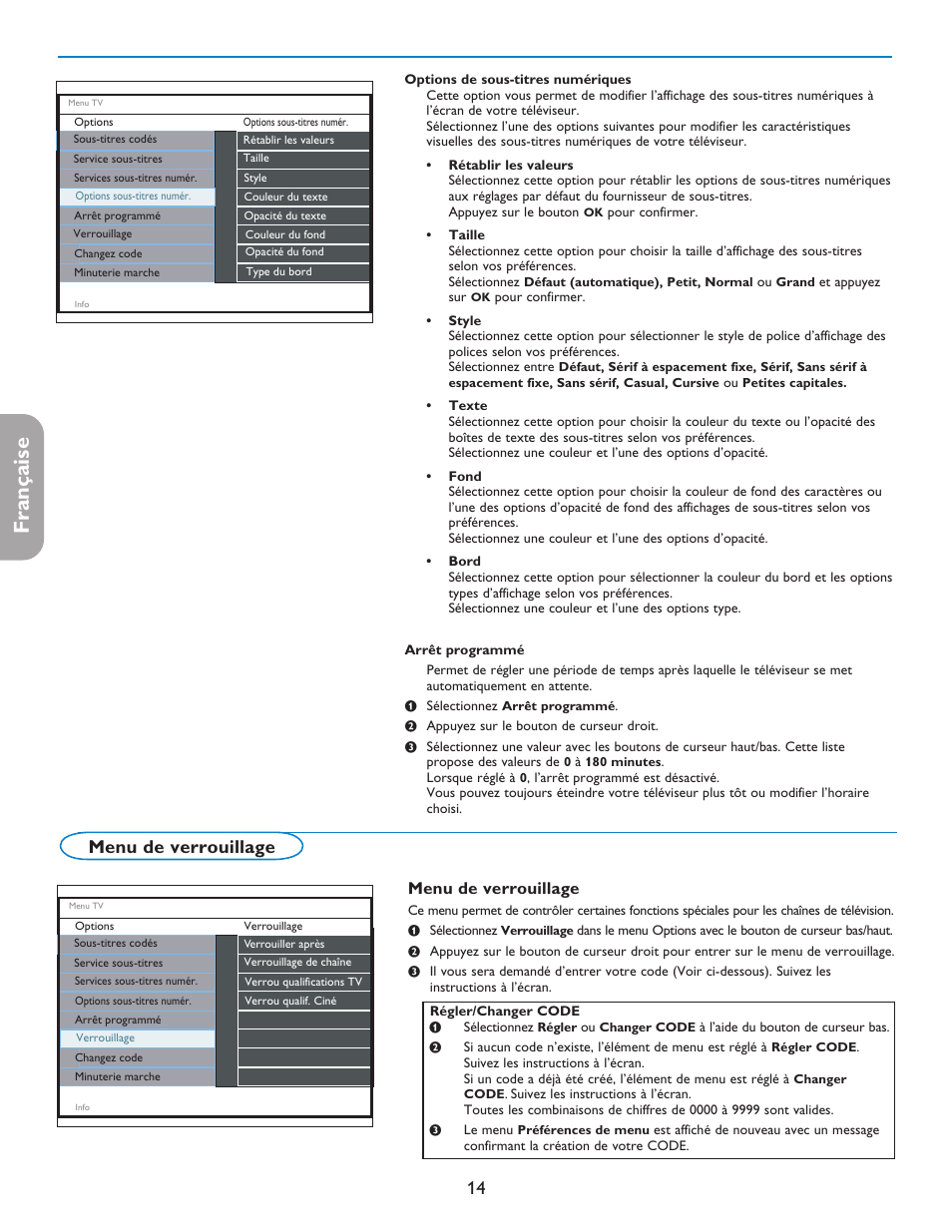 English française español, Menu de verrouillage | Philips digital widescreen flat TV 37PFL5332D 37" LCD integrated digital with Pixel Plus 3 HD User Manual | Page 58 / 124