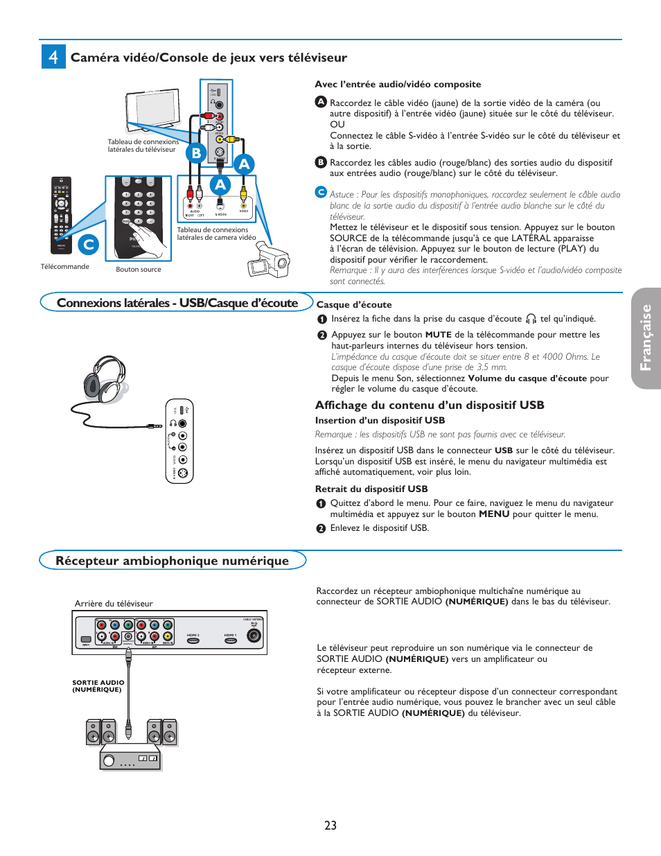 English française español, Caméra vidéo/console de jeux vers téléviseur, Connexions latérales - usb/casque d’écoute | Récepteur ambiophonique numérique, Affichage du contenu d’un dispositif usb | Philips digital widescreen flat TV 37PFL5332D 37" LCD integrated digital with Pixel Plus 3 HD User Manual | Page 67 / 124