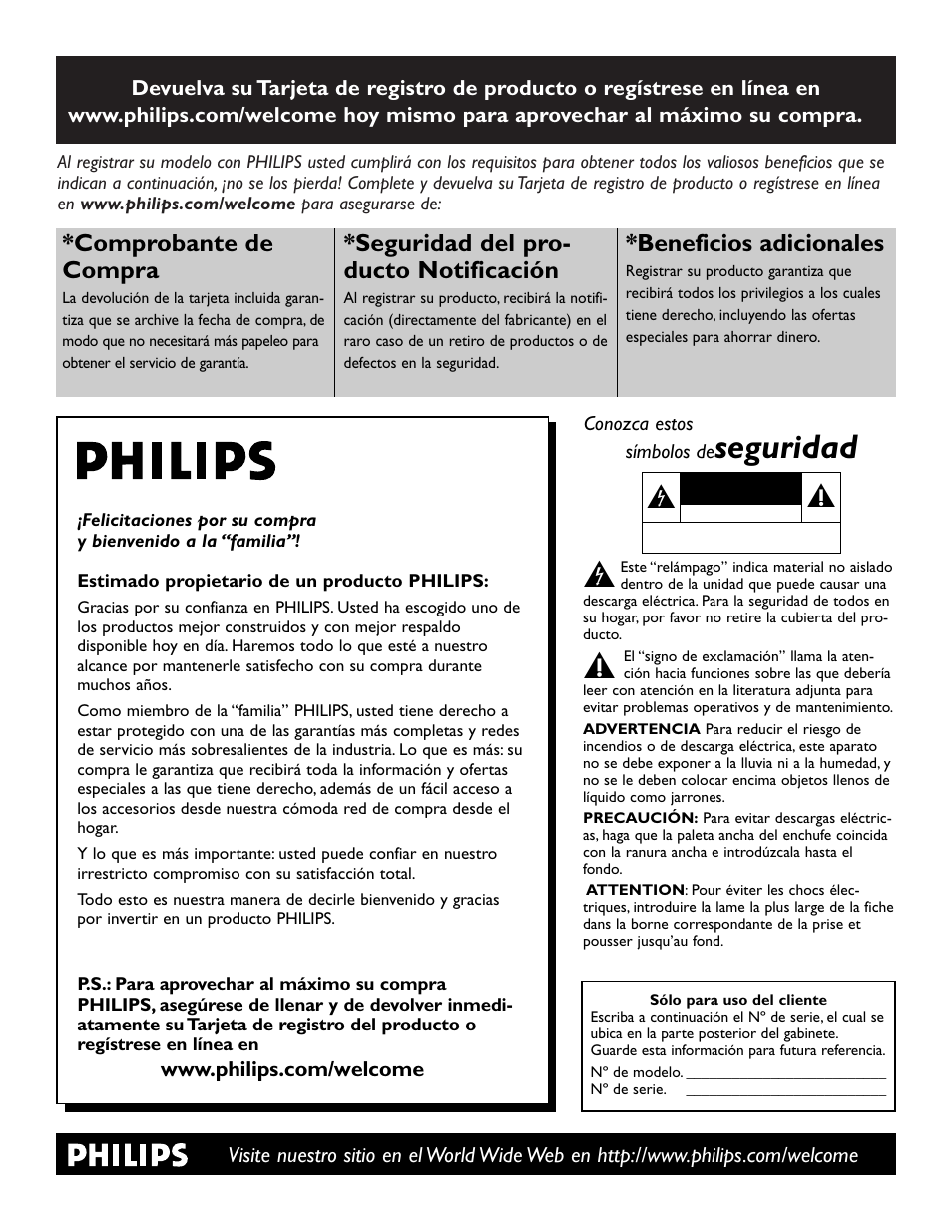 Seguridad, Comprobante de compra, Seguridad del pro- ducto notificación | Beneficios adicionales | Philips digital widescreen flat TV 37PFL5332D 37" LCD integrated digital with Pixel Plus 3 HD User Manual | Page 83 / 124