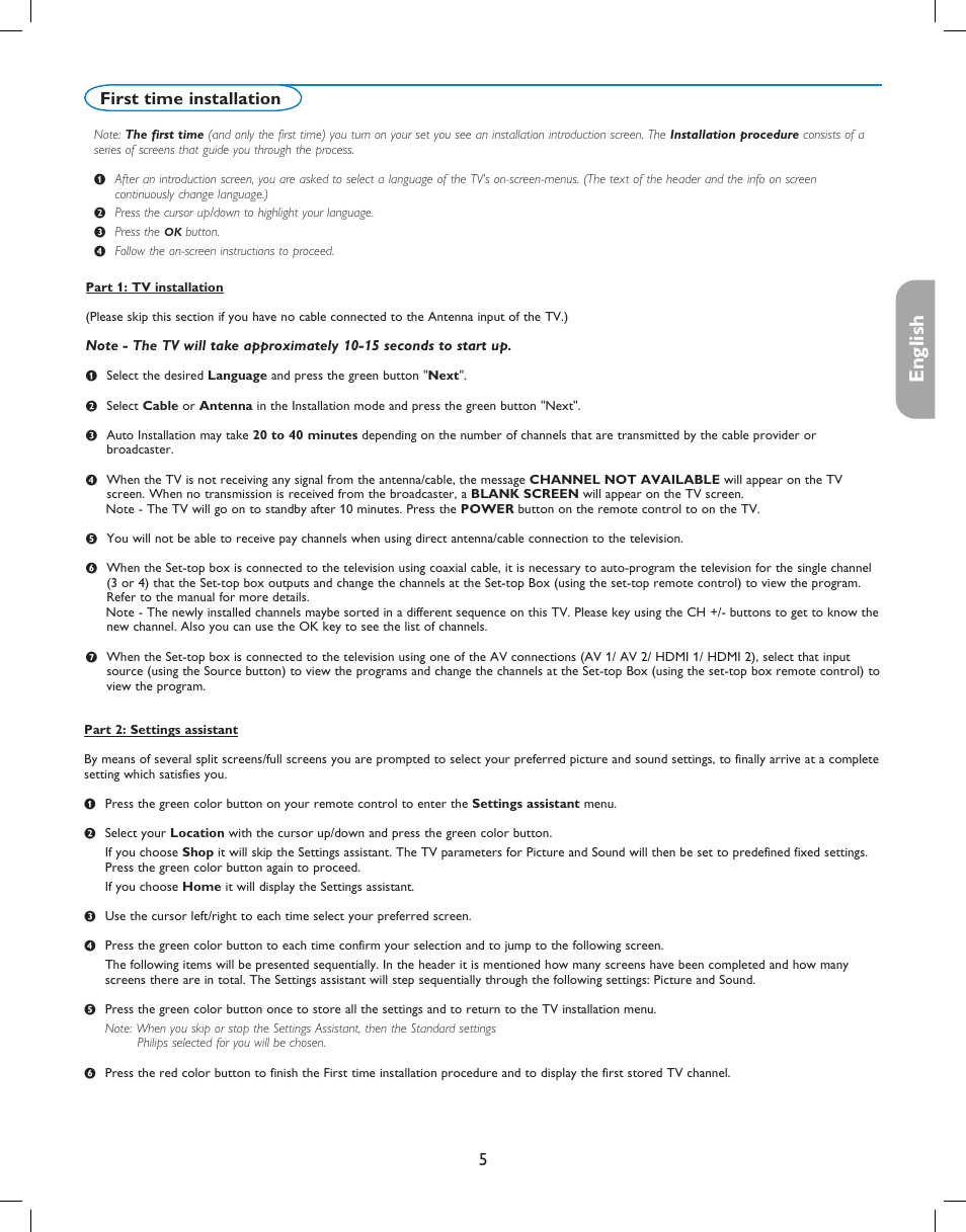 English française español, First time installation | Philips digital widescreen flat TV 37PFL5332D 37" LCD integrated digital with Pixel Plus 3 HD User Manual | Page 9 / 124