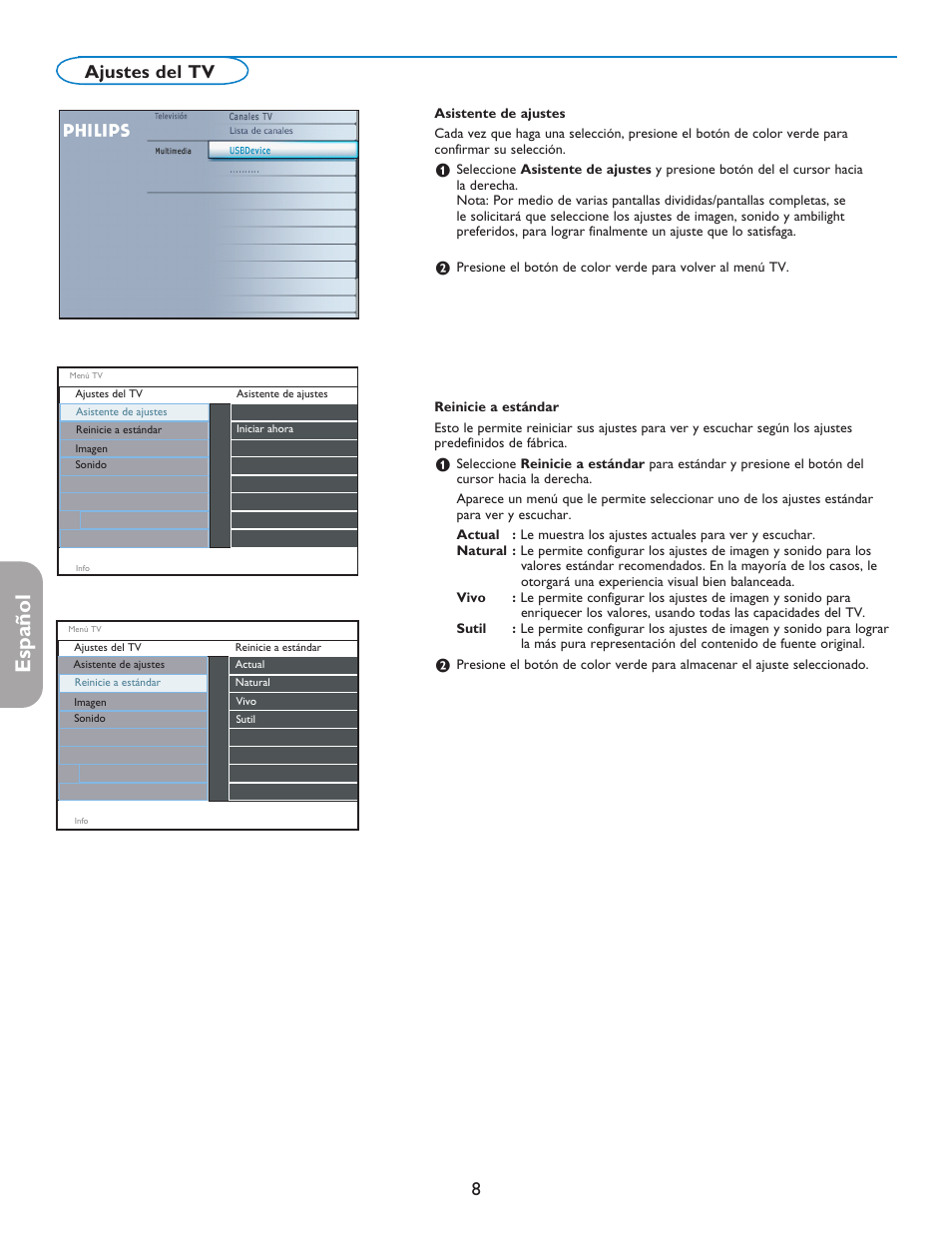 English française español, 8ajustes del tv | Philips digital widescreen flat TV 37PFL5332D 37" LCD integrated digital with Pixel Plus 3 HD User Manual | Page 92 / 124