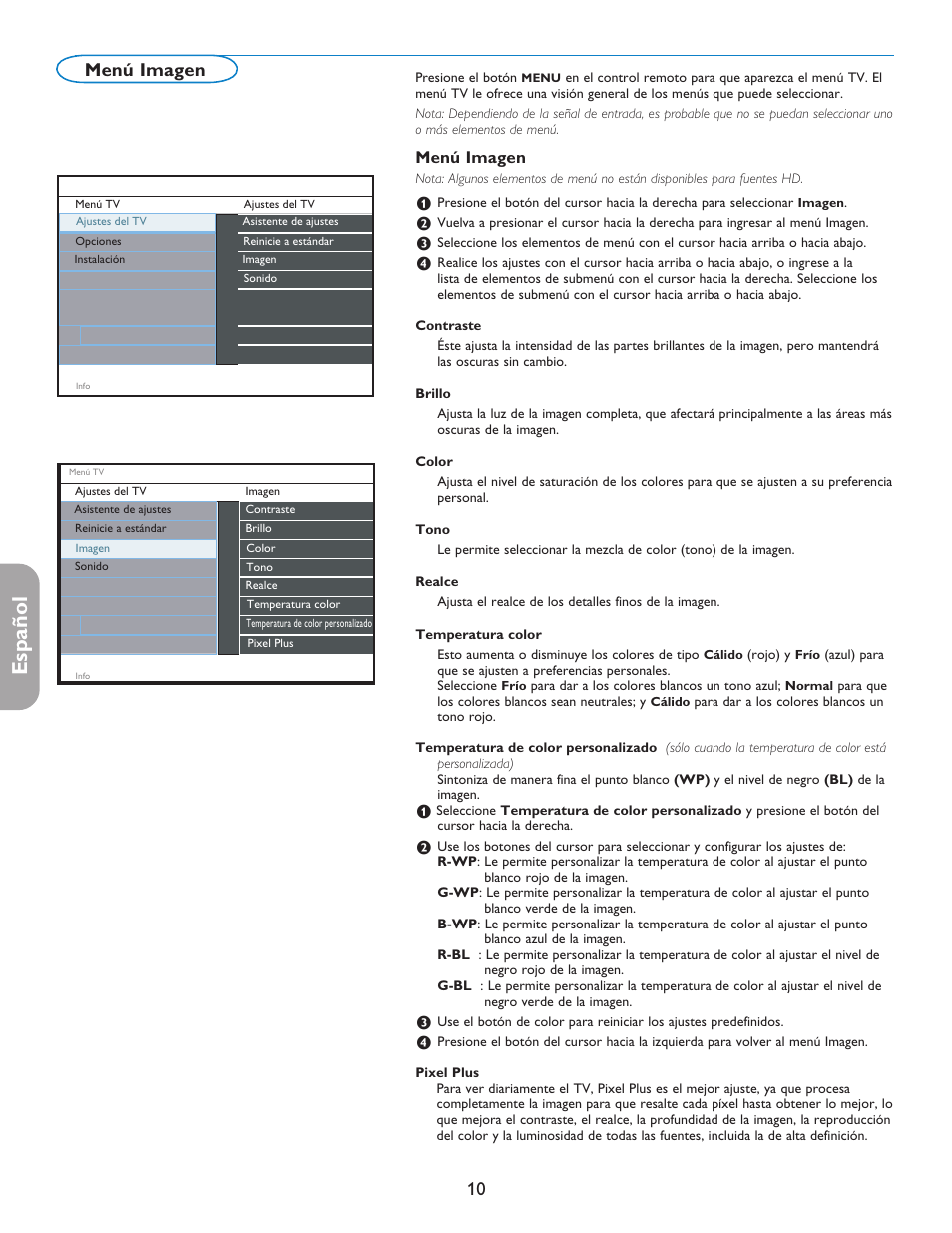 English française español, Menú imagen | Philips digital widescreen flat TV 37PFL5332D 37" LCD integrated digital with Pixel Plus 3 HD User Manual | Page 94 / 124