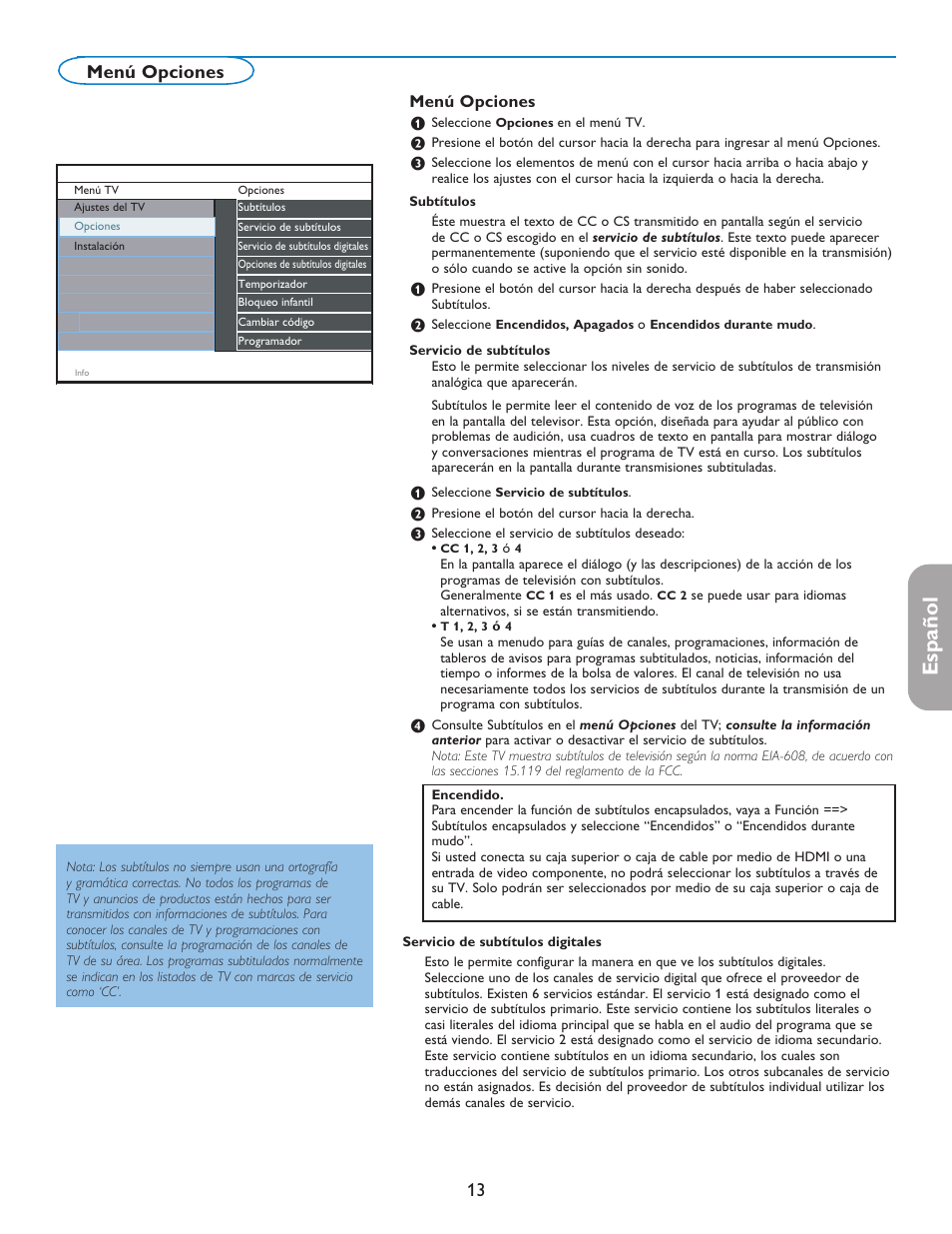 English française español, Menú opciones | Philips digital widescreen flat TV 37PFL5332D 37" LCD integrated digital with Pixel Plus 3 HD User Manual | Page 97 / 124