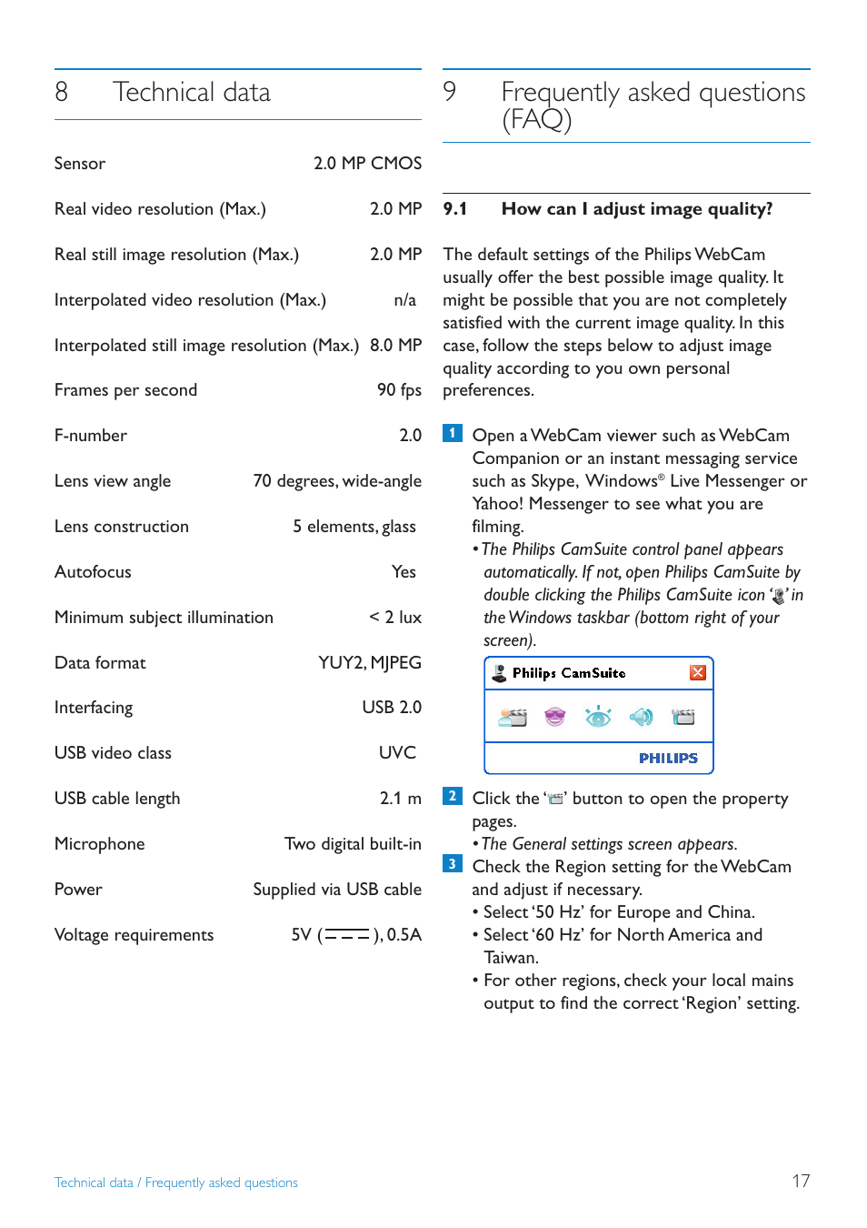 8technical data, 9frequently asked questions (faq) | Philips SPC1330NC-27 User Manual | Page 17 / 21