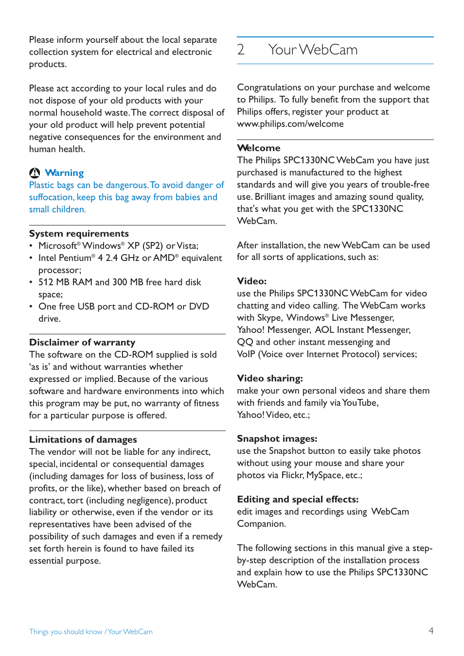 2your webcam | Philips SPC1330NC-27 User Manual | Page 4 / 21