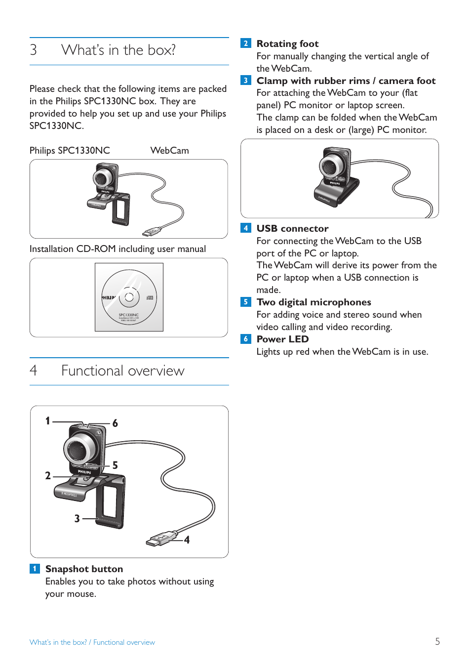 3what’s in the box, 4functional overview | Philips SPC1330NC-27 User Manual | Page 5 / 21