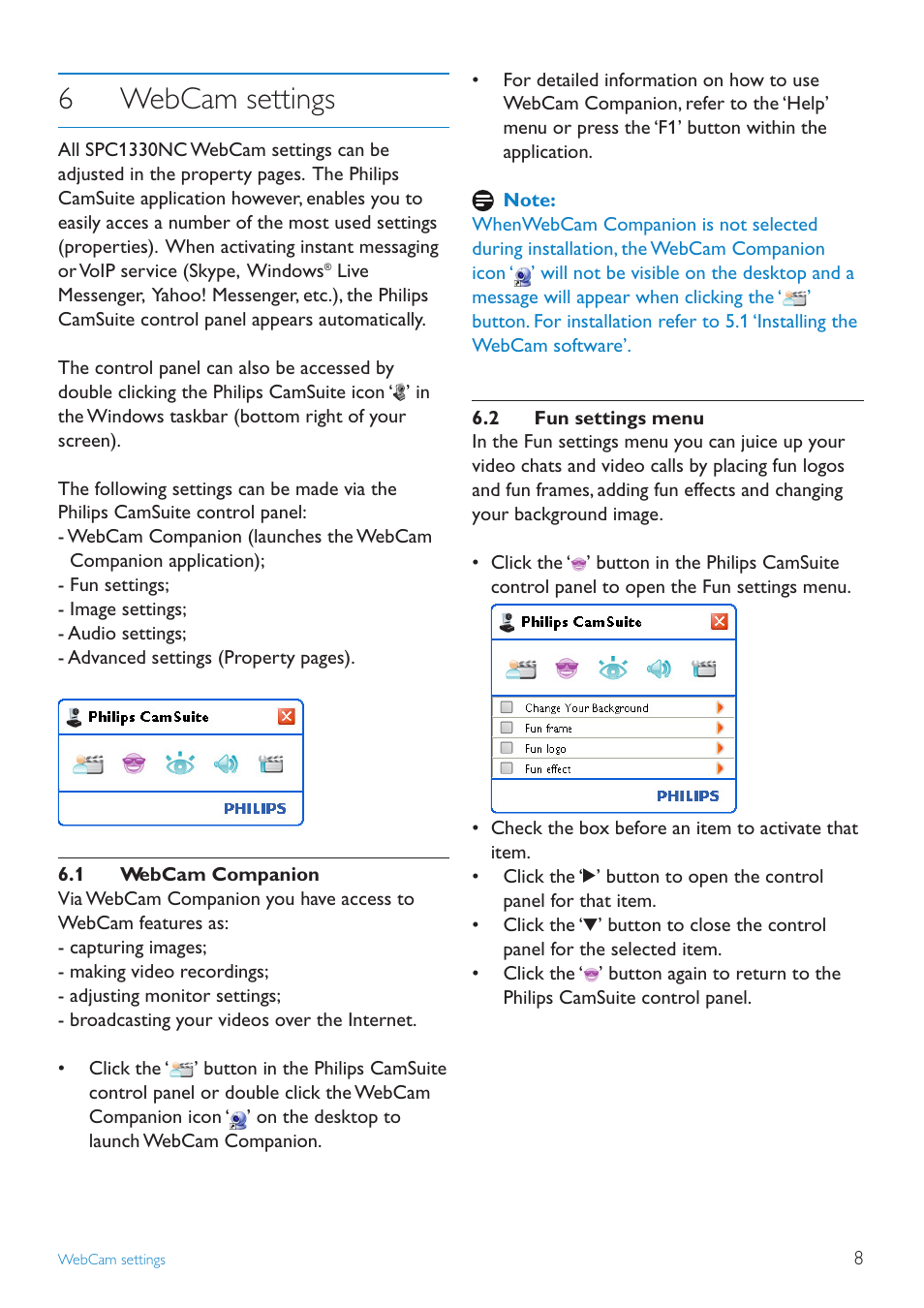 6webcam settings | Philips SPC1330NC-27 User Manual | Page 8 / 21