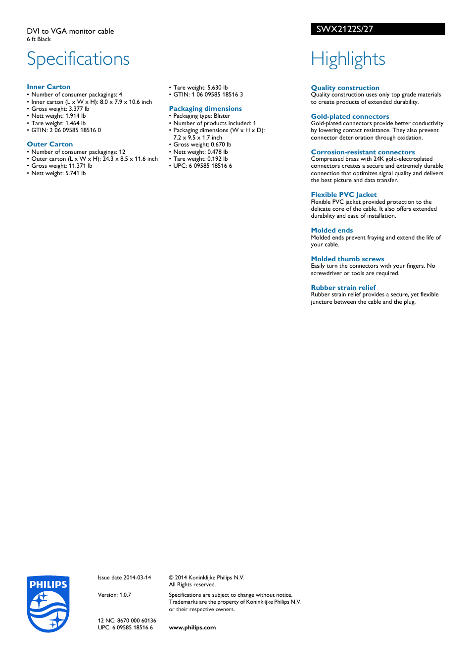 Specifications, Highlights | Philips SWX2122S-27 User Manual | Page 2 / 2