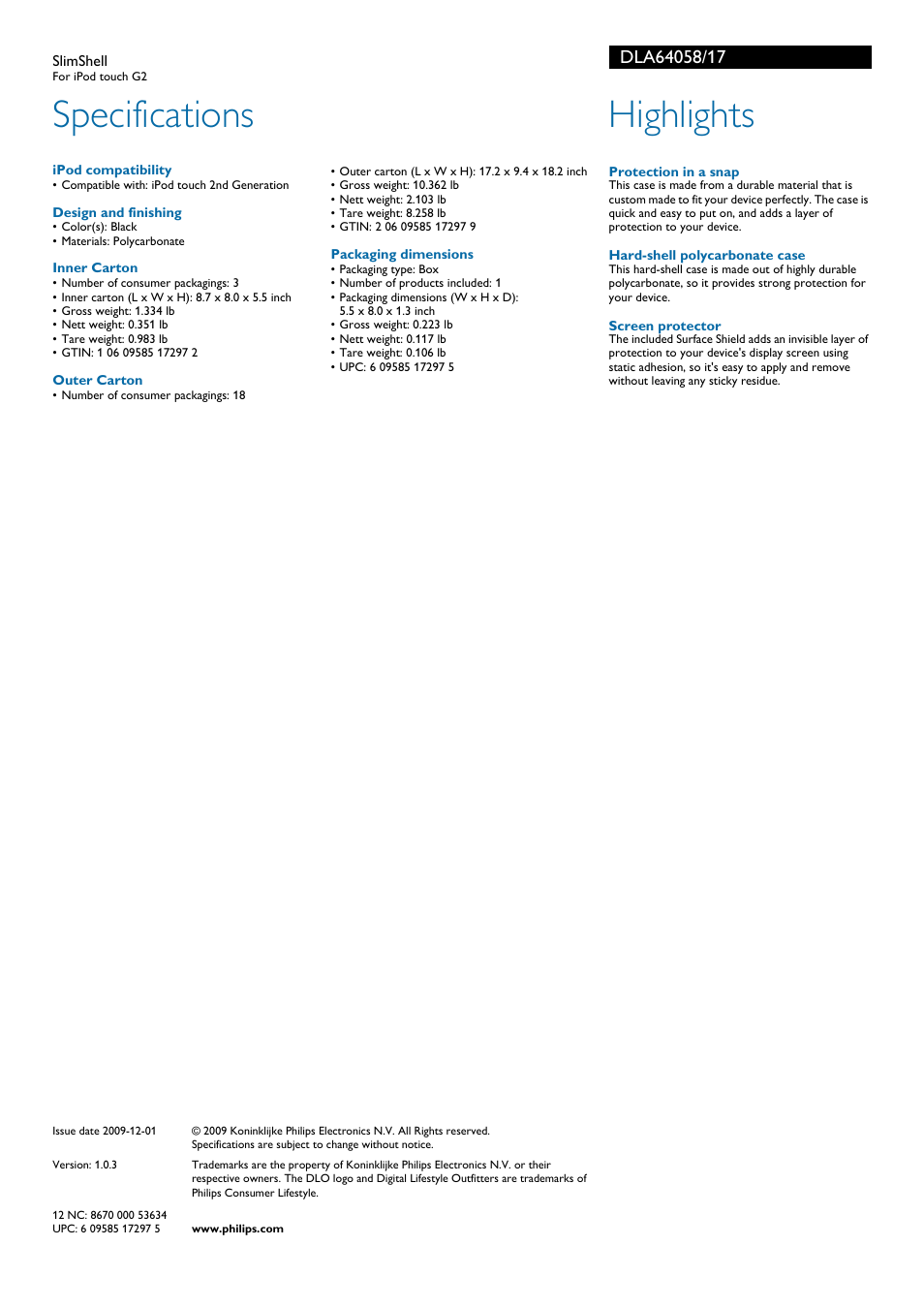 Specifications, Highlights | Philips DLA64058-17 User Manual | Page 2 / 2