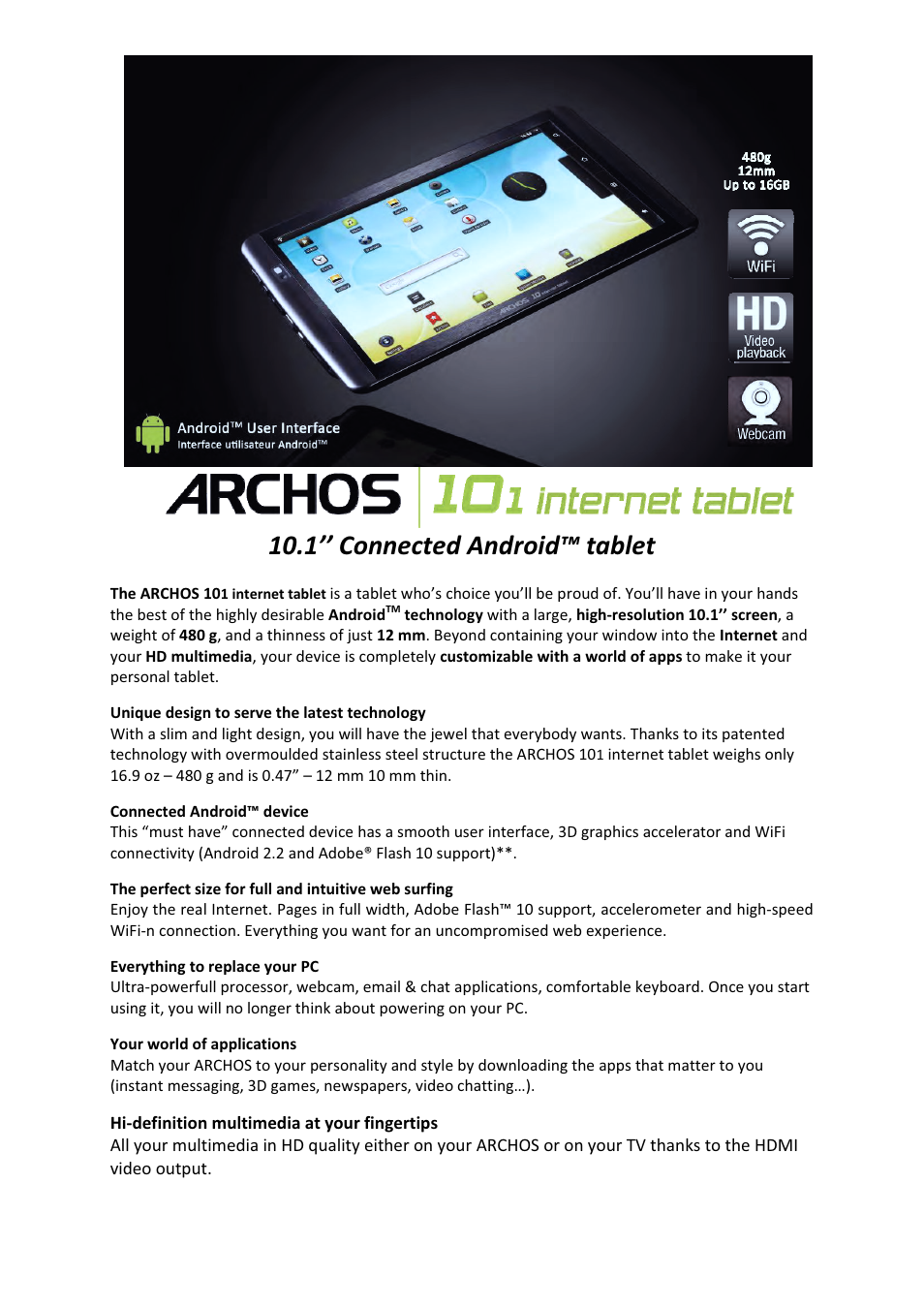 1’’ connected android™ tablet | ARCHOS 101 User Manual | Page 2 / 7