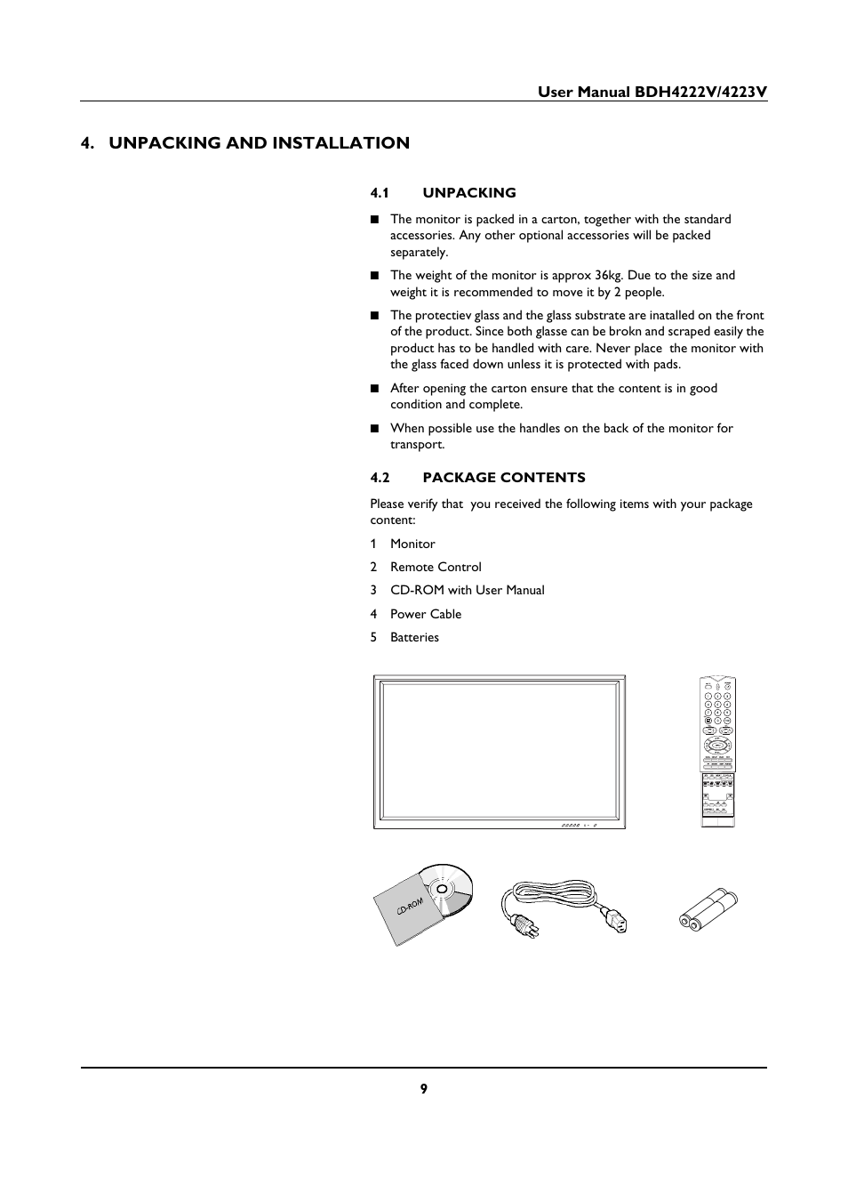 Unpacking and installation, 1 unpacking, 2 package contents | Philips BDH4223V-27B User Manual | Page 13 / 64