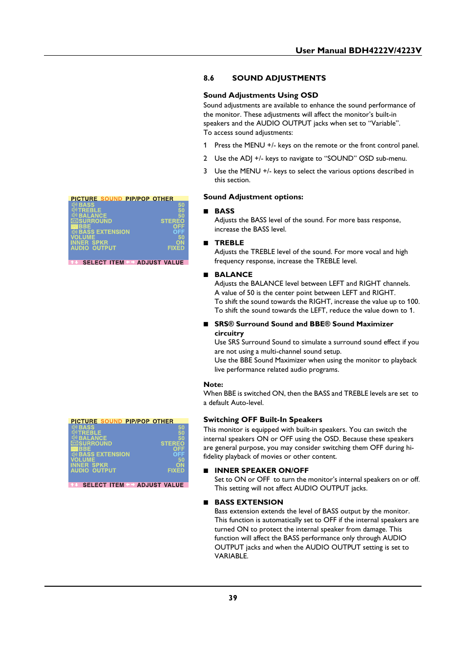 6 sound adjustments | Philips BDH4223V-27B User Manual | Page 43 / 64