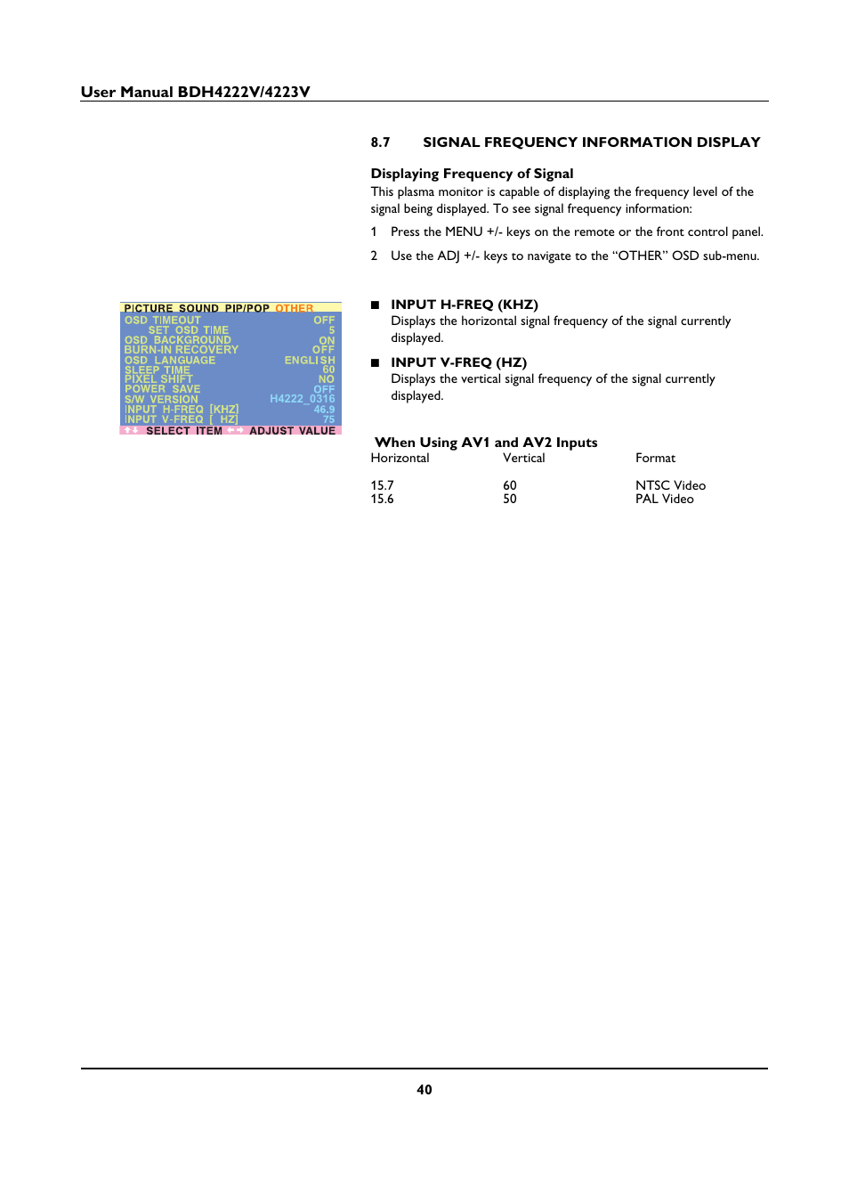 7 signal frequency information display | Philips BDH4223V-27B User Manual | Page 44 / 64