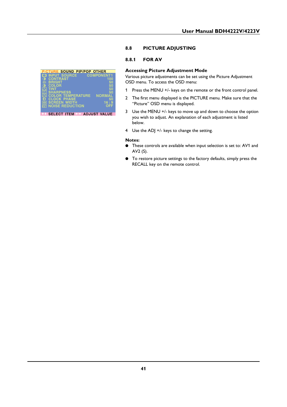 8 picture adjusting, 1 for av | Philips BDH4223V-27B User Manual | Page 45 / 64