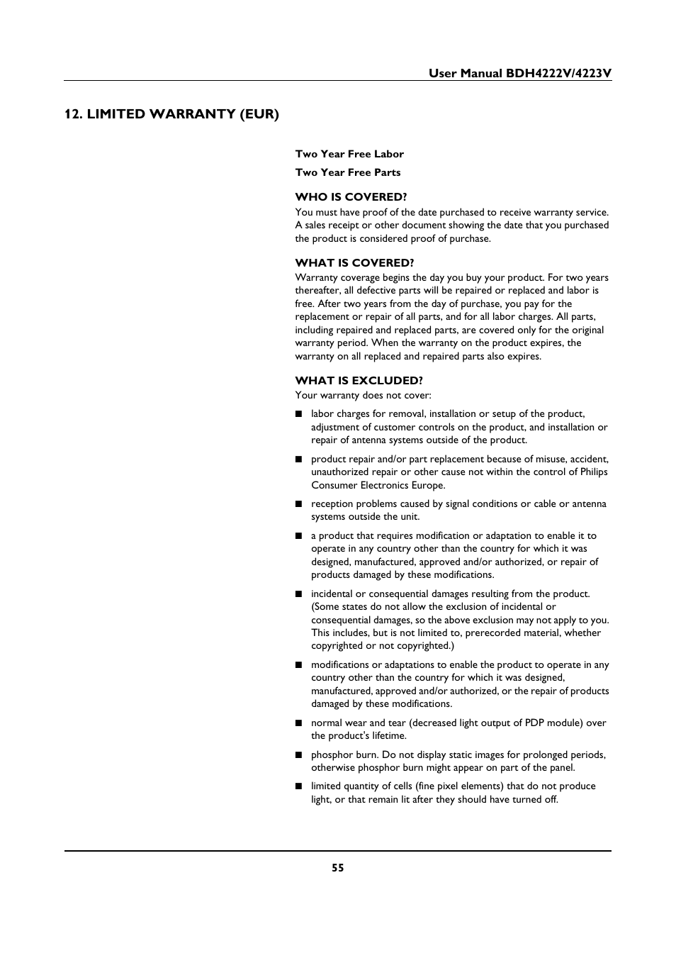 Limited warranty (eur) | Philips BDH4223V-27B User Manual | Page 59 / 64