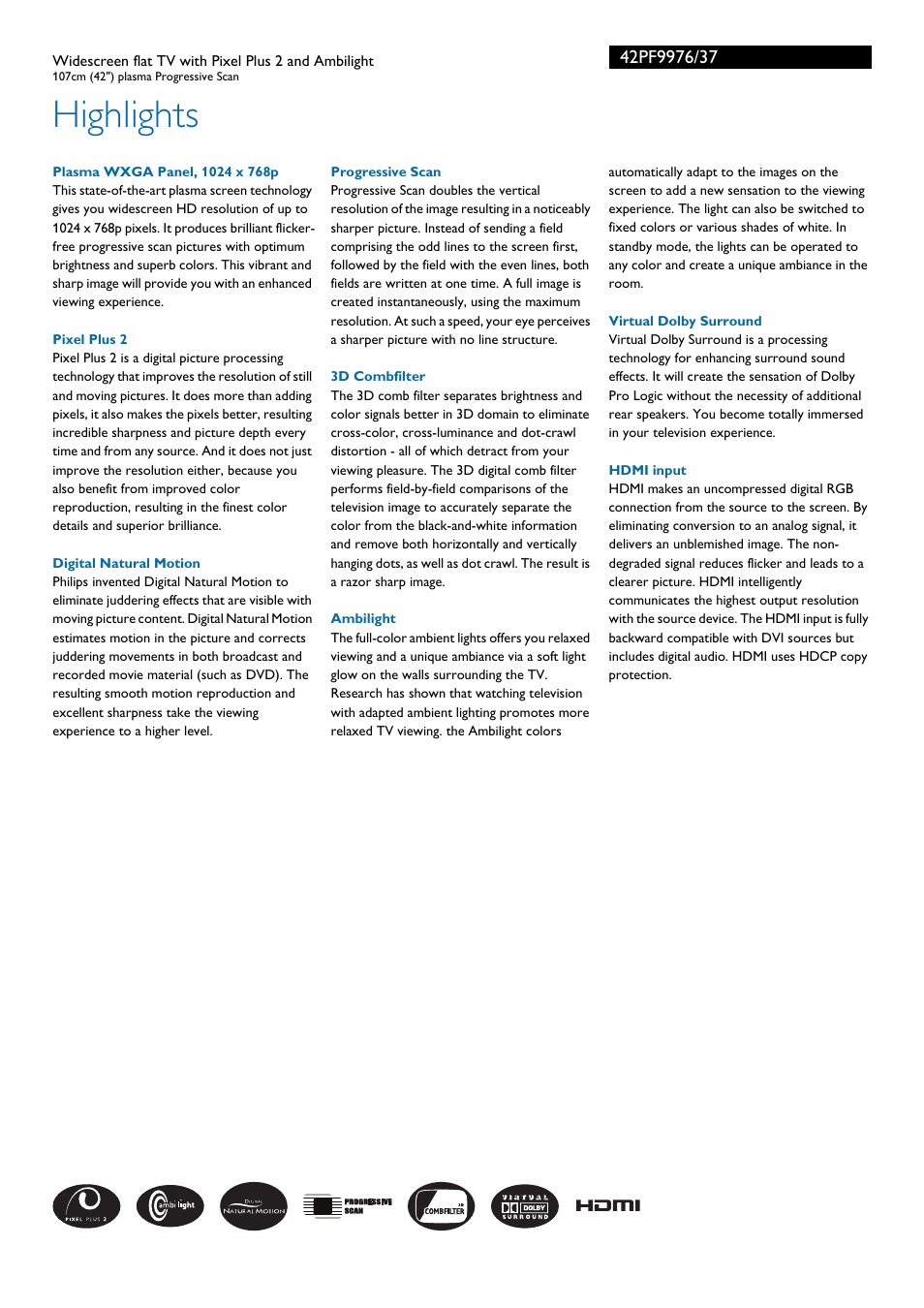 Highlights | Philips 42PF9976-37B User Manual | Page 2 / 3