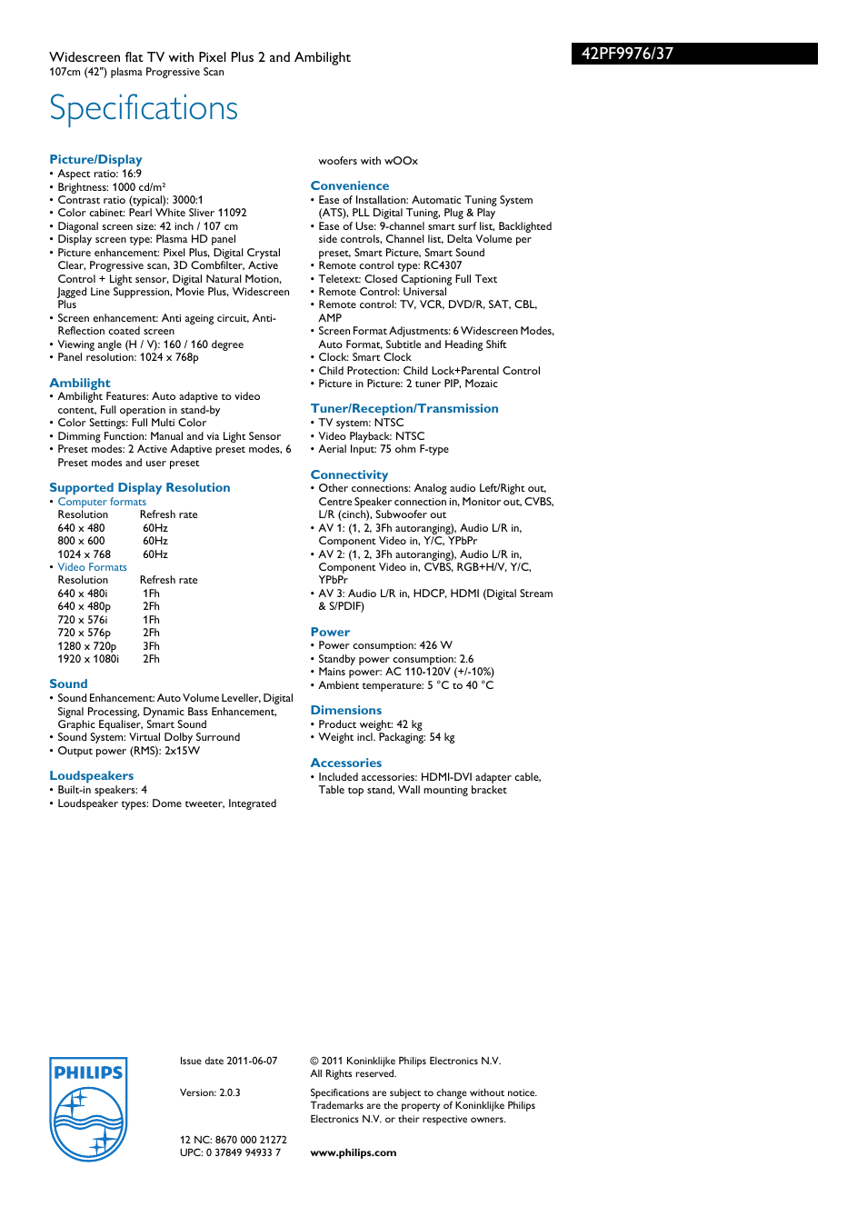 Specifications | Philips 42PF9976-37B User Manual | Page 3 / 3