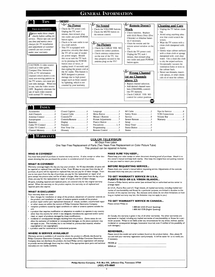 Or no channels, Eneral, Nformation | No power, No sound, Remote doesn't work no picture, Wrong channel, Above 131, Cleaning and care, Color television | Philips HD2528C User Manual | Page 8 / 8