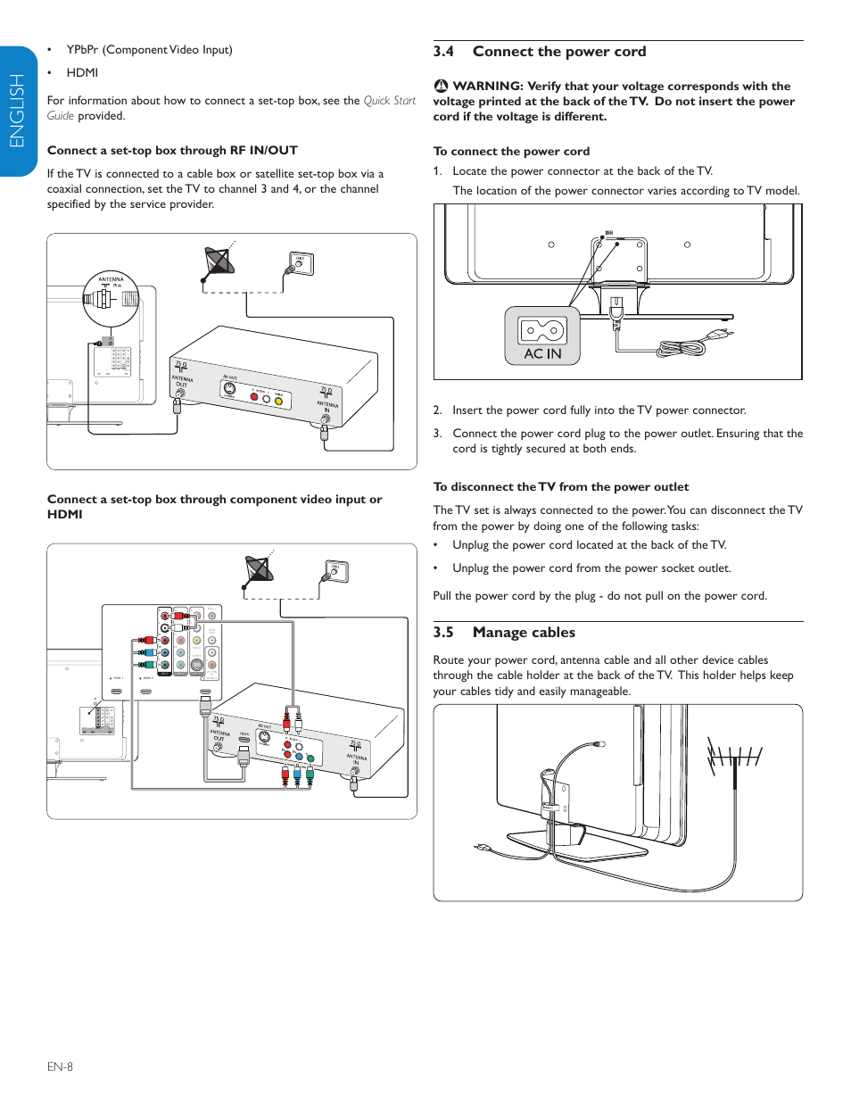 English française esp añol, 4 connect the power cord, 5 manage cables | Philips 42PFL7403D-27 User Manual | Page 10 / 44