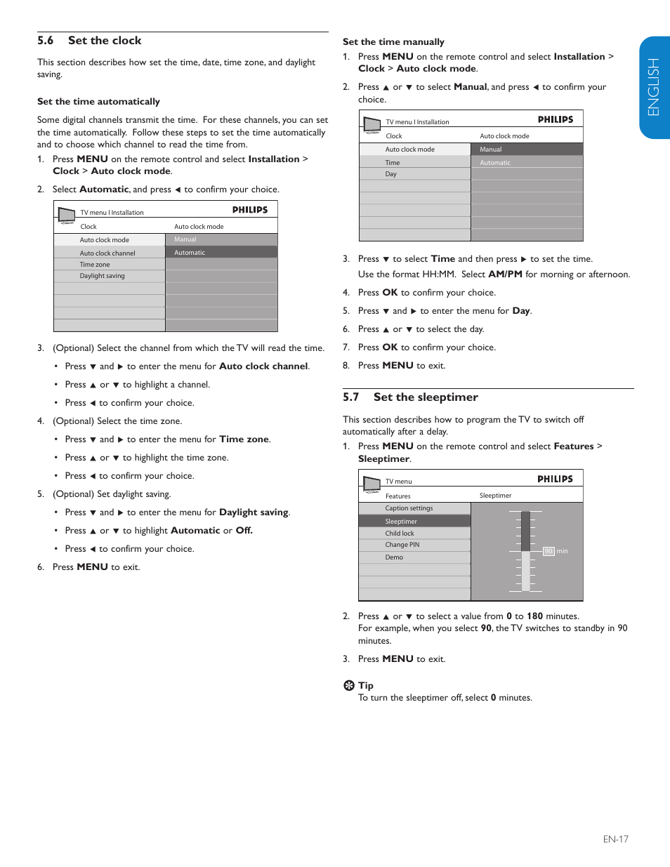 English française esp añol, 6 set the clock, Set the sleeptimer 5.7 | Philips 42PFL7403D-27 User Manual | Page 19 / 44