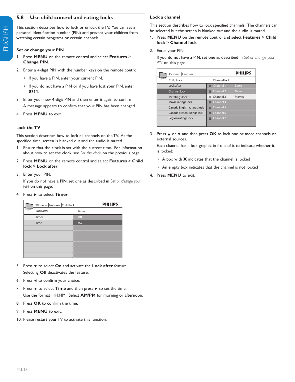 English française esp añol, Use child control and rating locks 5.8 | Philips 42PFL7403D-27 User Manual | Page 20 / 44