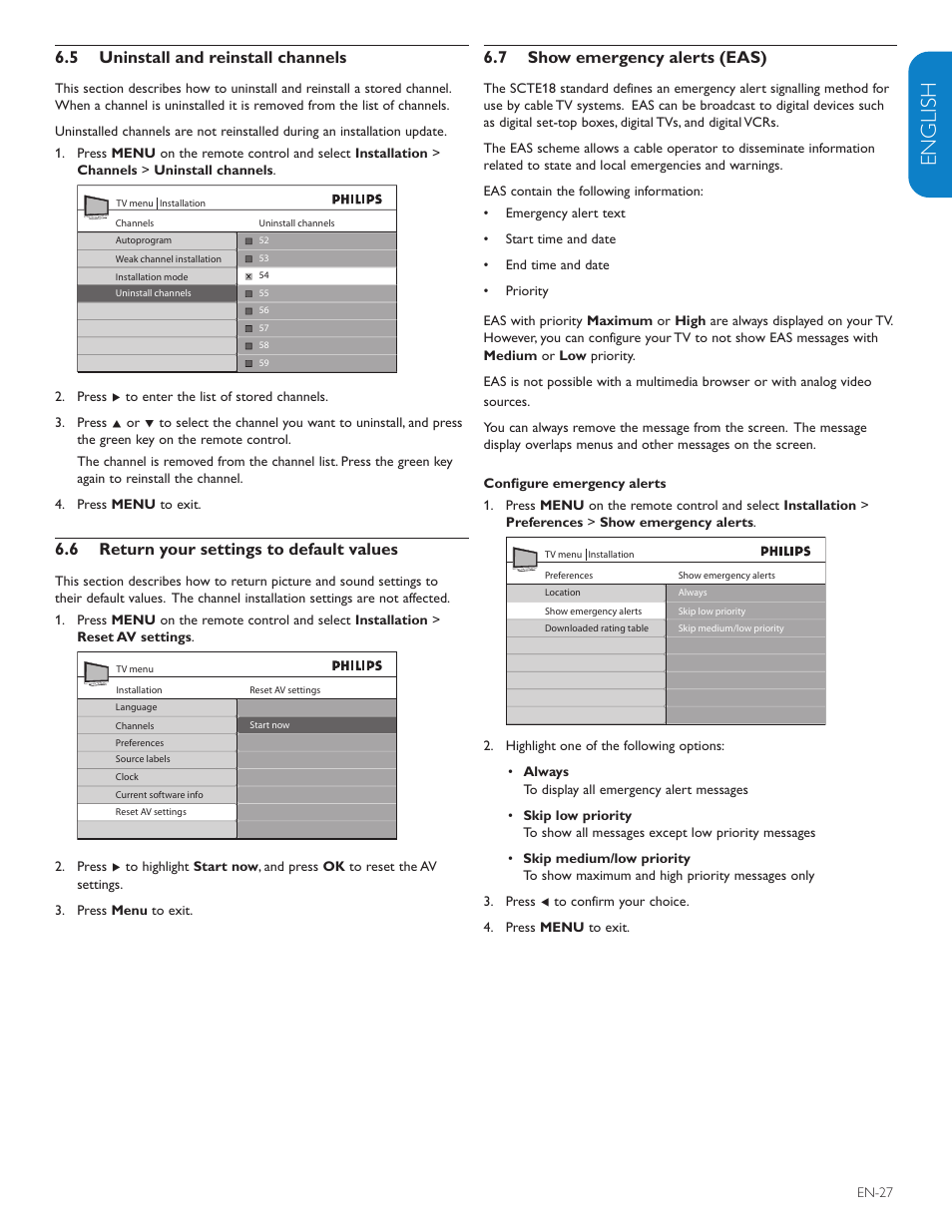 English française esp añol, Uninstall and reinstall channels 6.5, 6 return your settings to default values | Show emergency alerts (eas) 6.7 | Philips 42PFL7403D-27 User Manual | Page 29 / 44