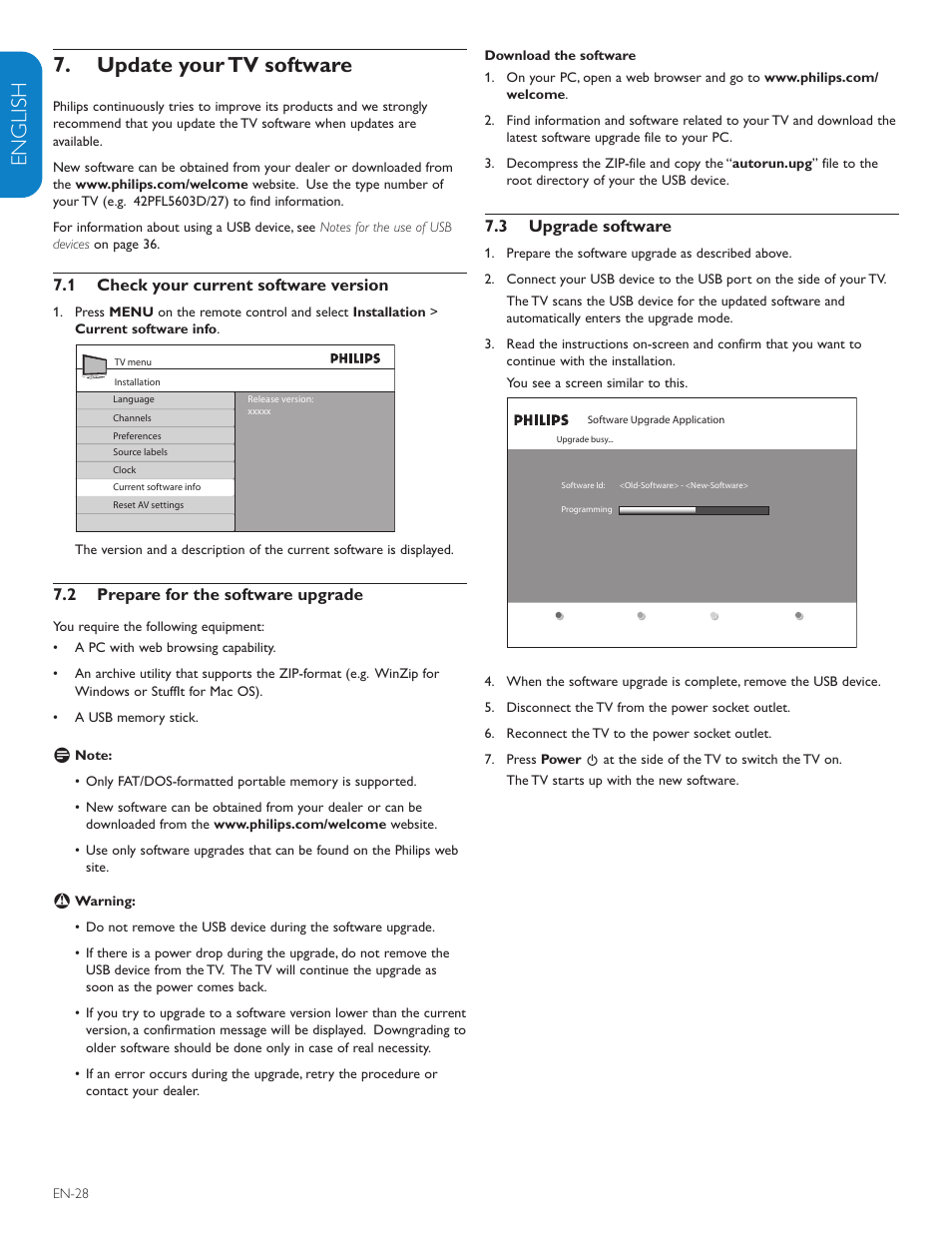 English française esp añol, Update your tv software | Philips 42PFL7403D-27 User Manual | Page 30 / 44