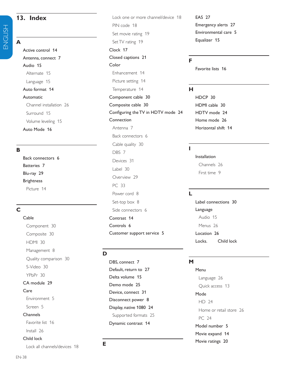 English française esp añol index 13 | Philips 42PFL7403D-27 User Manual | Page 40 / 44