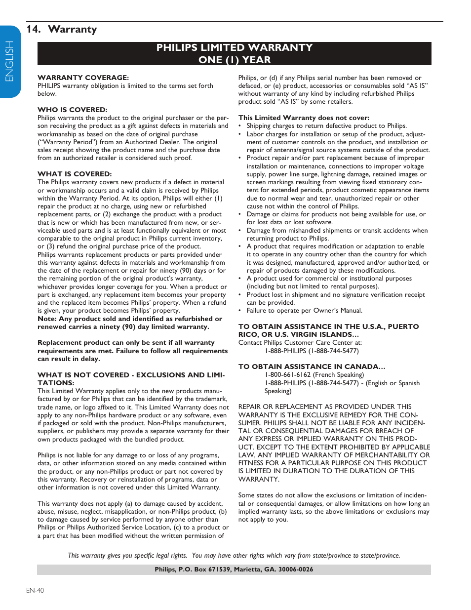English française esp añol warranty 14, Philips limited warranty one (1) year | Philips 42PFL7403D-27 User Manual | Page 42 / 44
