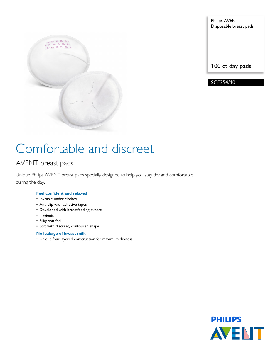 Philips AVENT Disposable breast pads SCF254-10 100 ct day pads User Manual | 2 pages