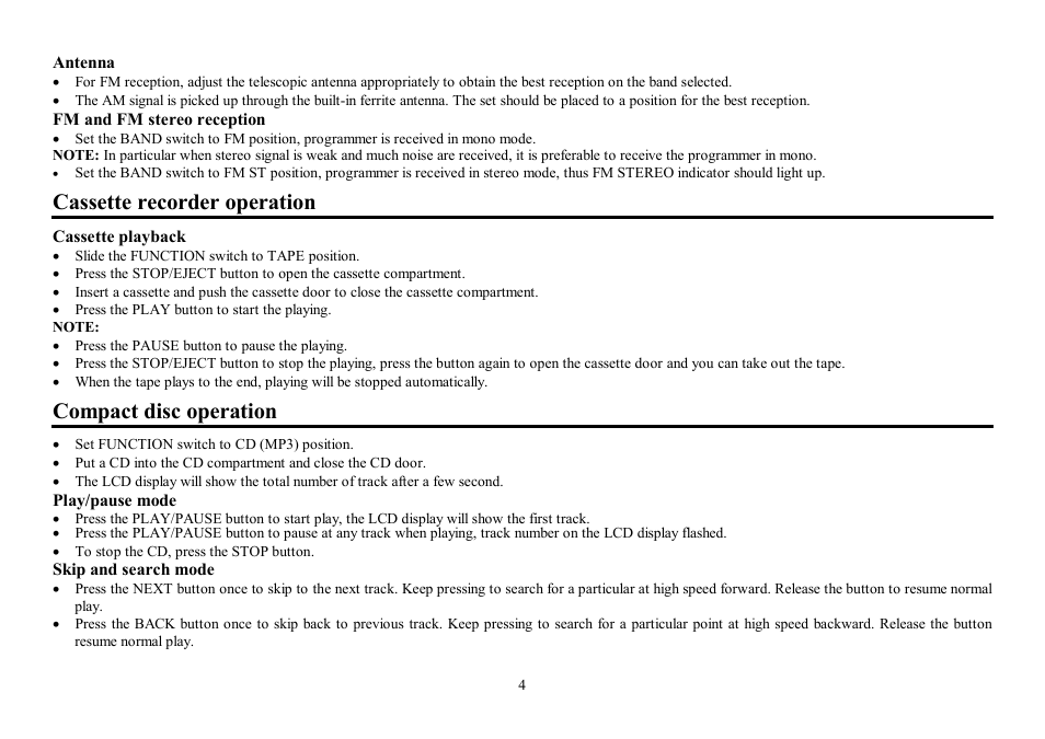 Cassette recorder operation, Compact disc operation | Hyundai H-1408 User Manual | Page 4 / 12