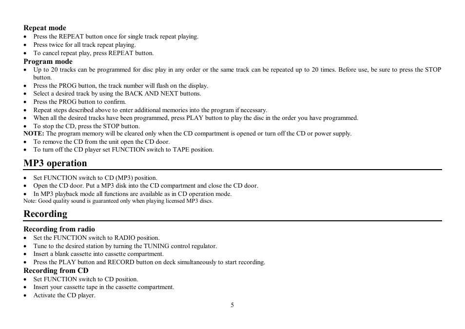 Mp3 operation, Recording | Hyundai H-1408 User Manual | Page 5 / 12