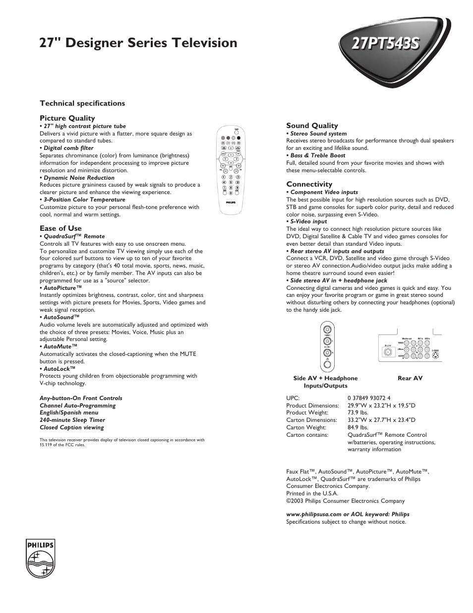 27" designer series television | Philips 27PT543S99 User Manual | Page 2 / 2