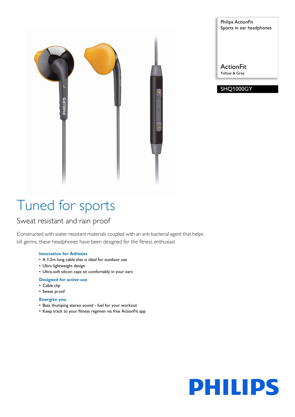 Philips ActionFit Sports in ear headphones SHQ1000GY ActionFit Yellow & Grey User Manual | 2 pages
