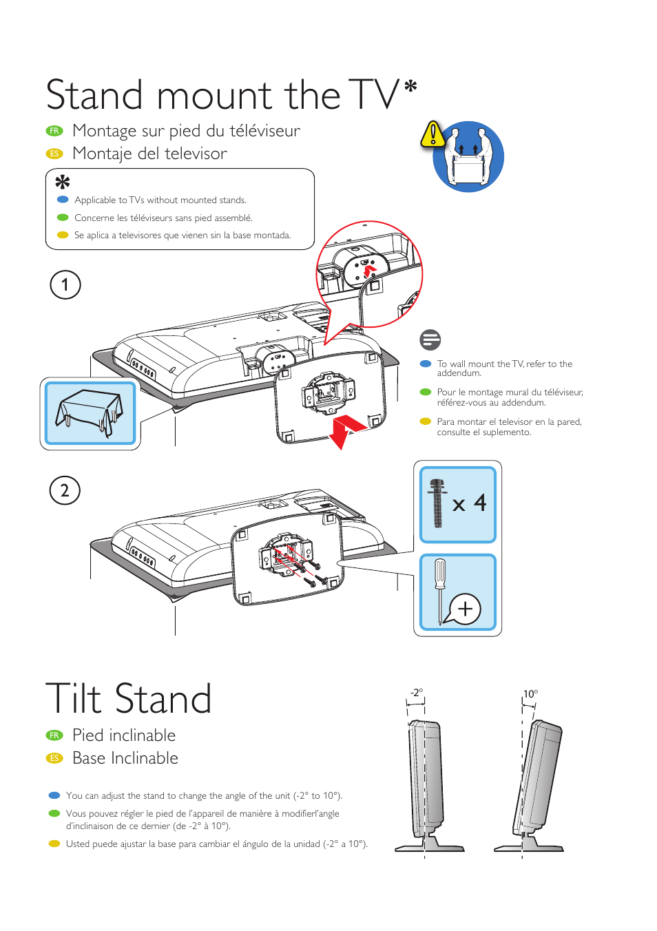 Stand mount the tv, Tilt stand, Montage sur pied du téléviseur | Montaje del televisor, Pied inclinable, Base inclinable | Philips 19" class digital TV LCD TV Digital Crystal Clear User Manual | Page 6 / 8