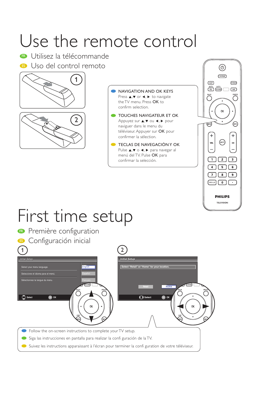 First time setup, Use the remote control, Configuración inicial | Première configuration, Utilisez la télécommande, Uso del control remoto | Philips 19" class digital TV LCD TV Digital Crystal Clear User Manual | Page 8 / 8