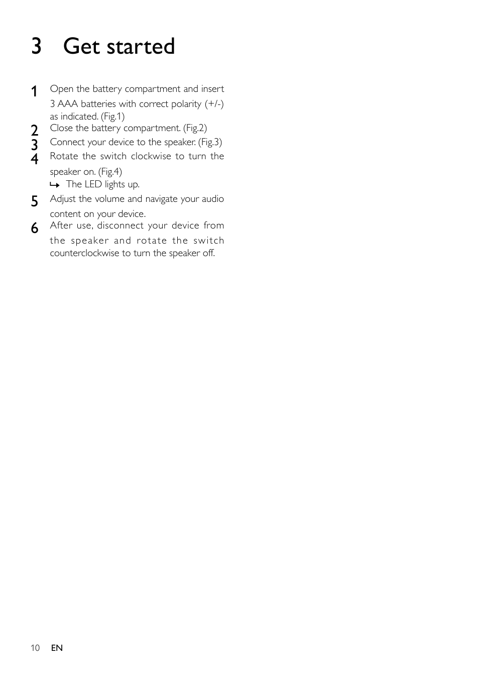 2 your portable speaker, 3 get started | Philips SBA1610BLU-37 User Manual | Page 10 / 14