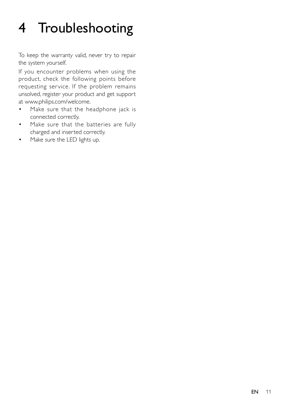 4 troubleshooting | Philips SBA1610BLU-37 User Manual | Page 11 / 14