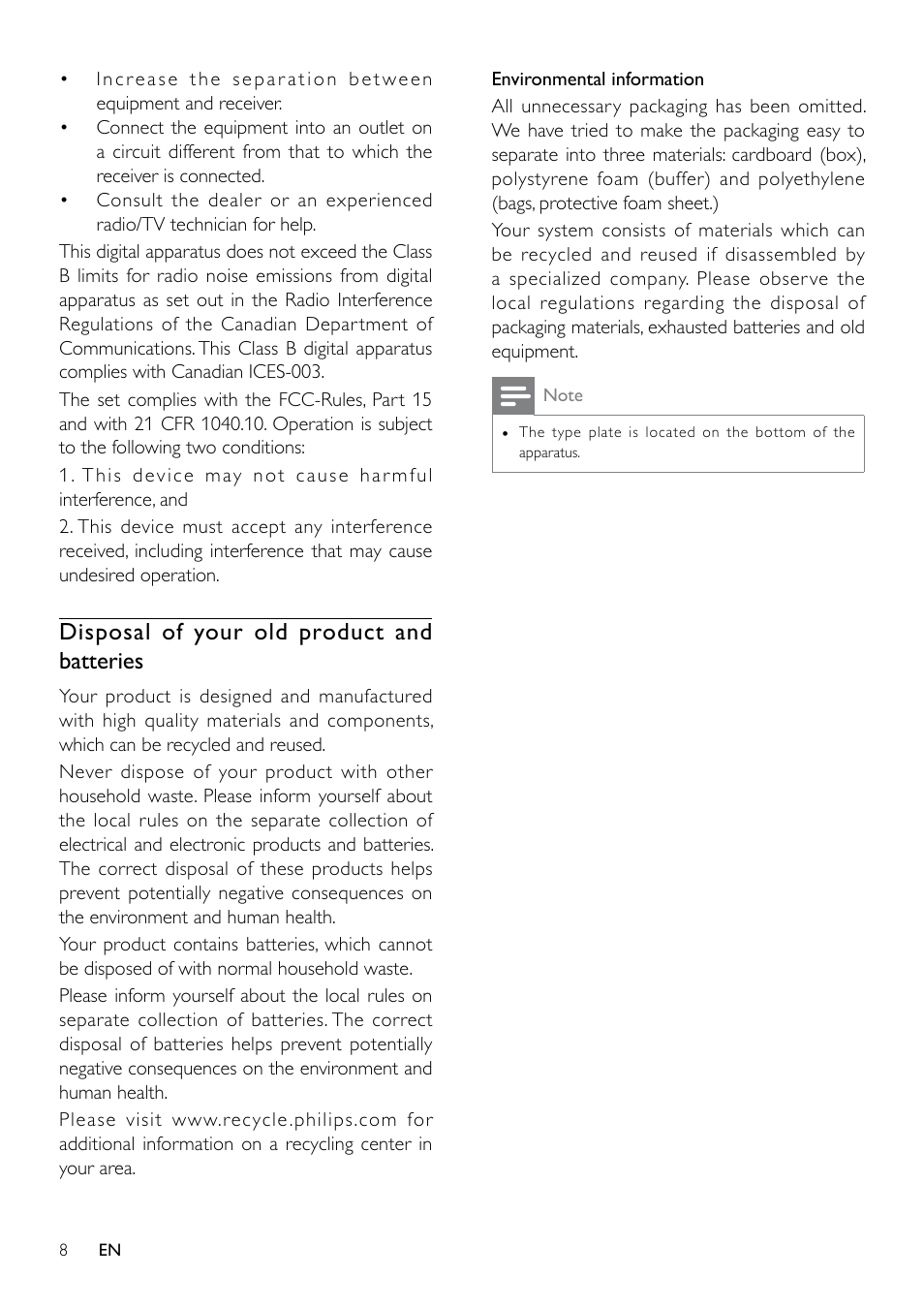 1 important, Safety, Notice | Disposal of your old product, Disposal of your old product and batteries | Philips SBA1610BLU-37 User Manual | Page 8 / 14