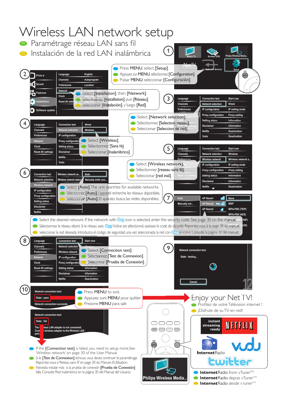 Wireless lan network setup, Enjoy your net tv! enjoy you, Paramétrage réseau lan sans fi l | Instalación de la red lan inalámbrica, Philips media connect philips wireless media, Sélectionnez [reseau saans fi l, Seleccionar [red inal, Select s l t, Nection test] [con [c, Ionnez i | Philips 40PFL5705DV-F7 User Manual | Page 2 / 10