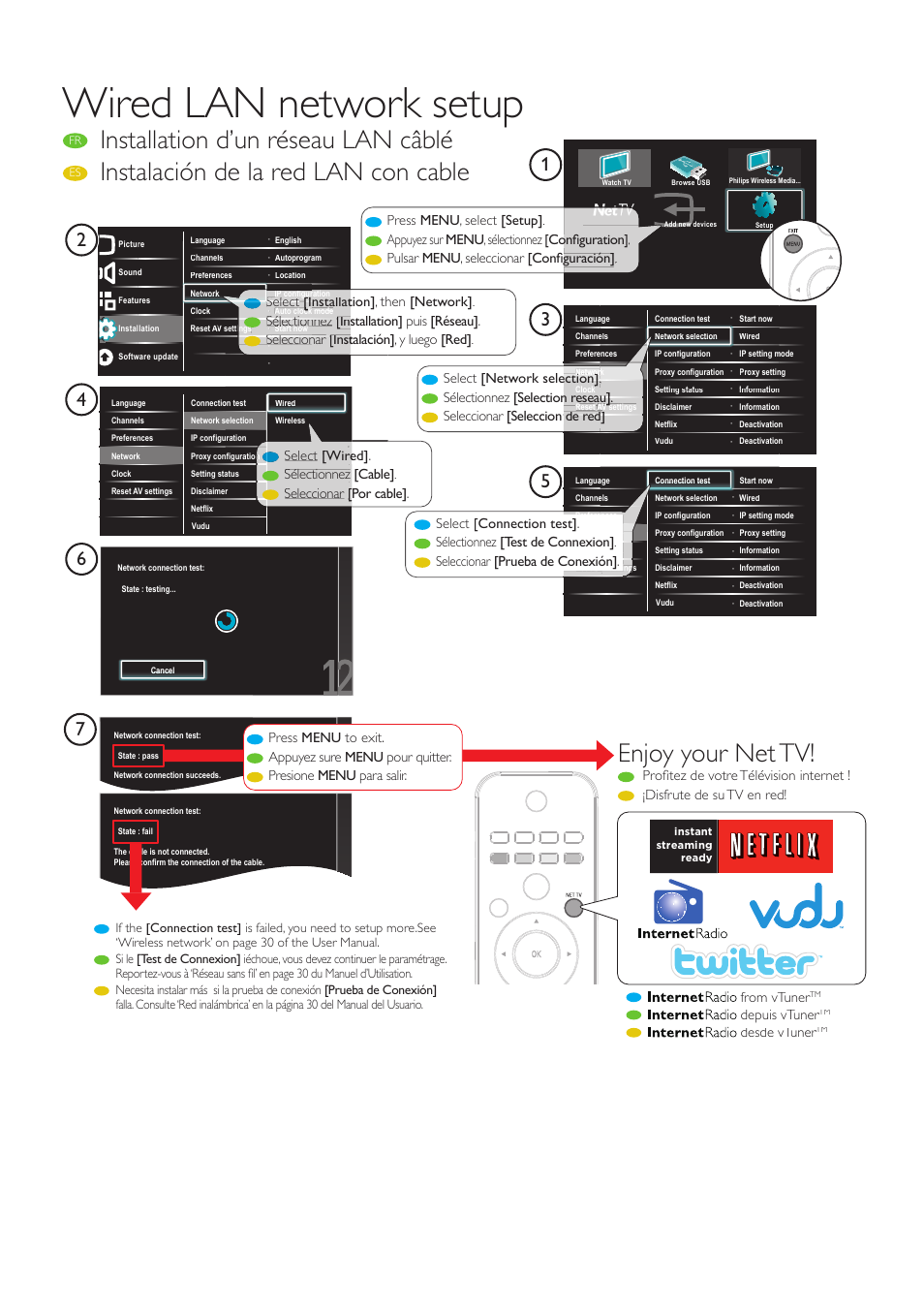 Wired lan network setup, Installation d’un réseau lan câblé, Instalación de la red lan con cable | Enjoy your net tv, Sélectionnez [selectionn reseau] n reseau, Nstallat [i, I , then [network]. nnez sélection, Rdepuis vtuner, Rdesde vtuner | Philips 40PFL5705DV-F7 User Manual | Page 3 / 10