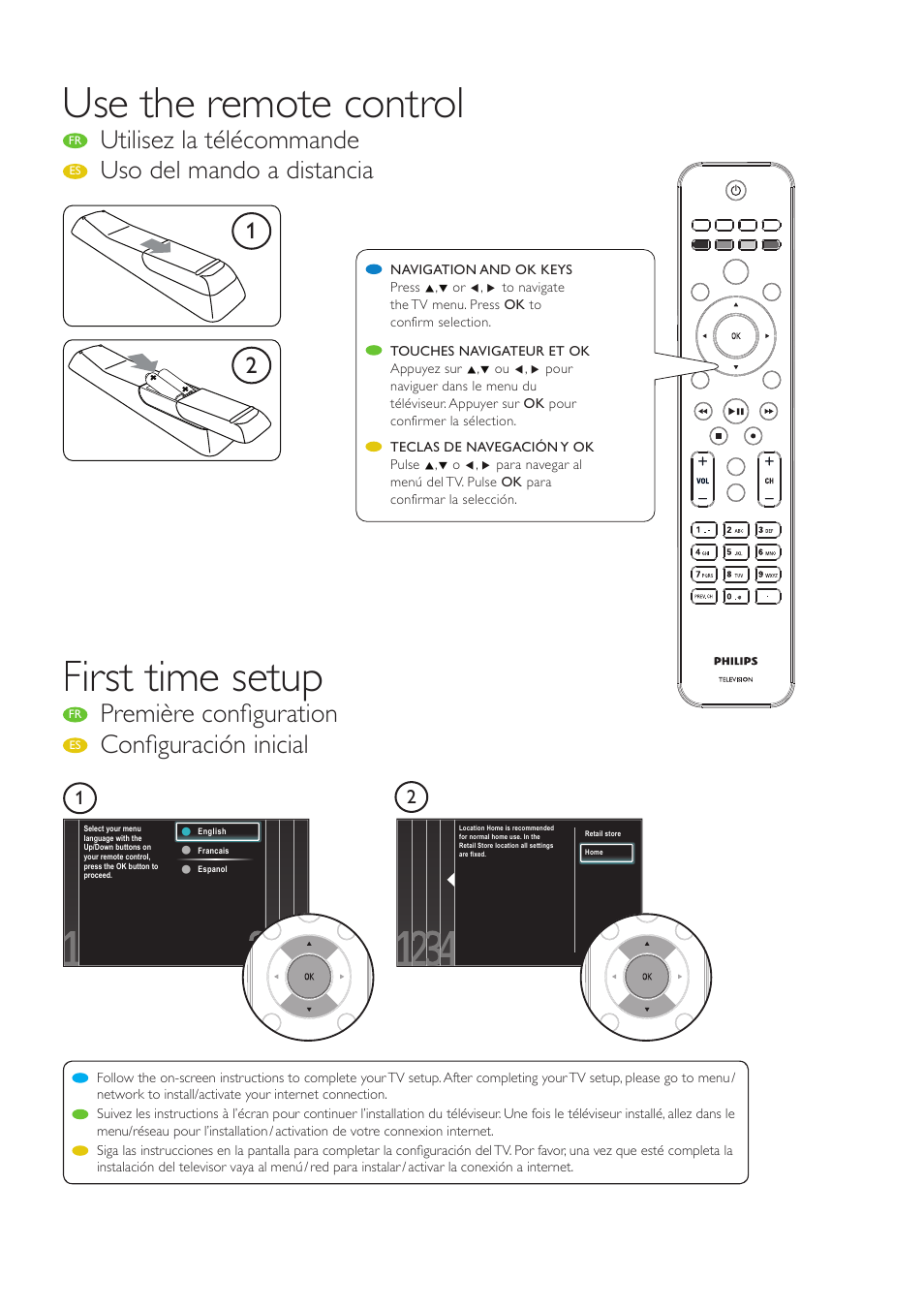 Use the remote control, First time setup, Utilisez la télécommande | Uso del mando a distancia, Première confi guration, Confi guración inicial | Philips 40PFL5705DV-F7 User Manual | Page 5 / 10