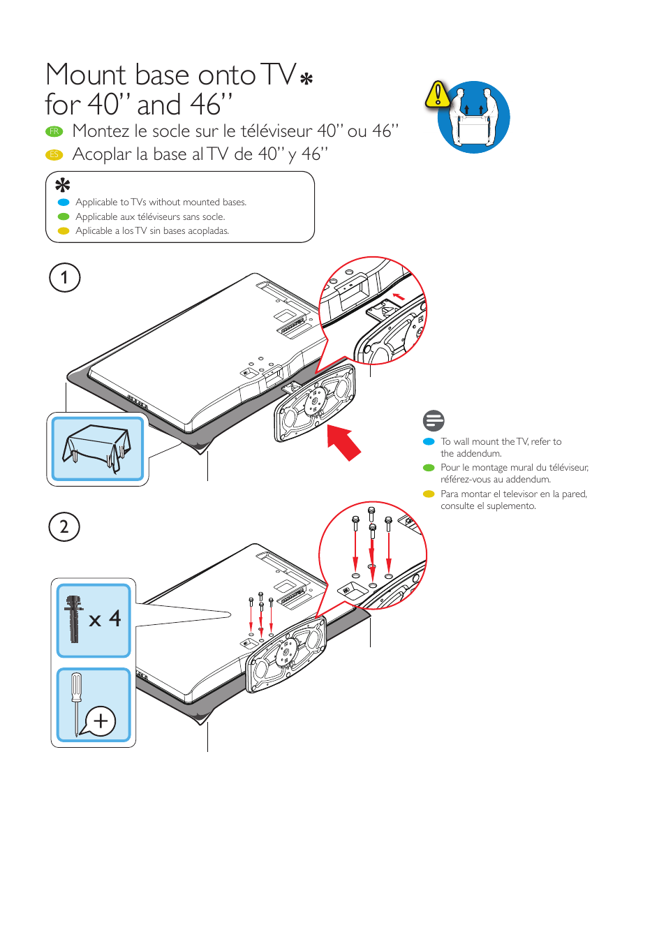 Mount base onto tv for 40” and 46 | Philips 40PFL5705DV-F7 User Manual | Page 7 / 10