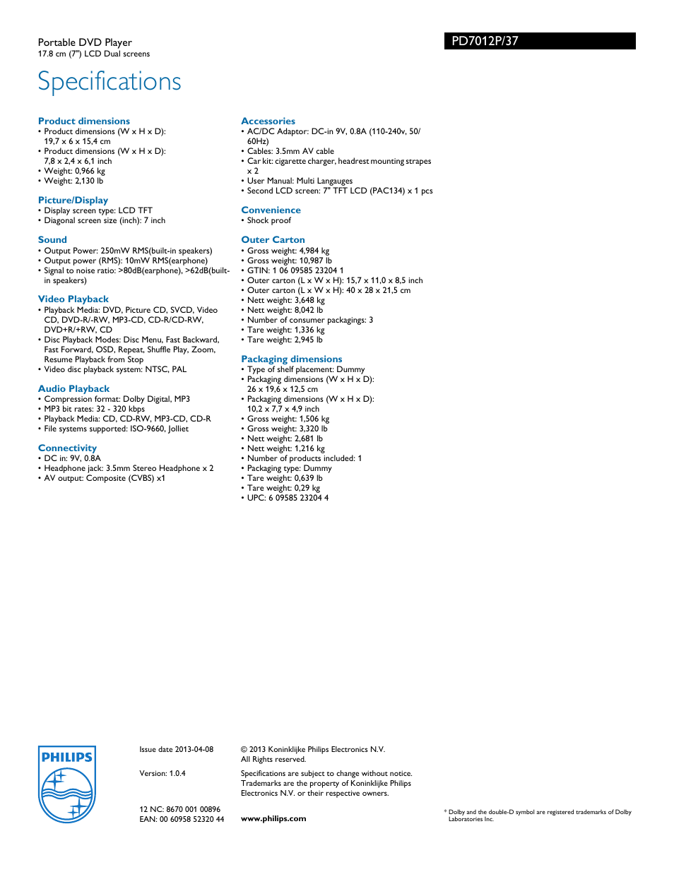 Specifications | Philips PD7012P-37 User Manual | Page 3 / 3