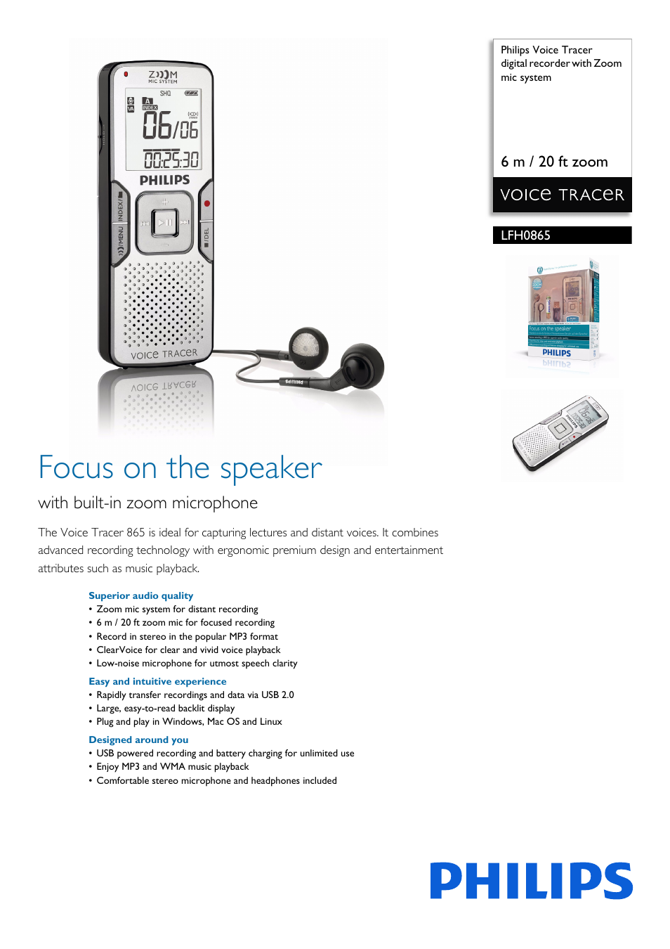 Philips Voice Tracer digital recorder LFH0865 6 m - 20 ft zoom with Zoom mic system User Manual | 3 pages