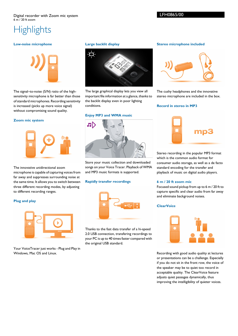 Highlights | Philips Voice Tracer digital recorder LFH0865 6 m - 20 ft zoom with Zoom mic system User Manual | Page 2 / 3