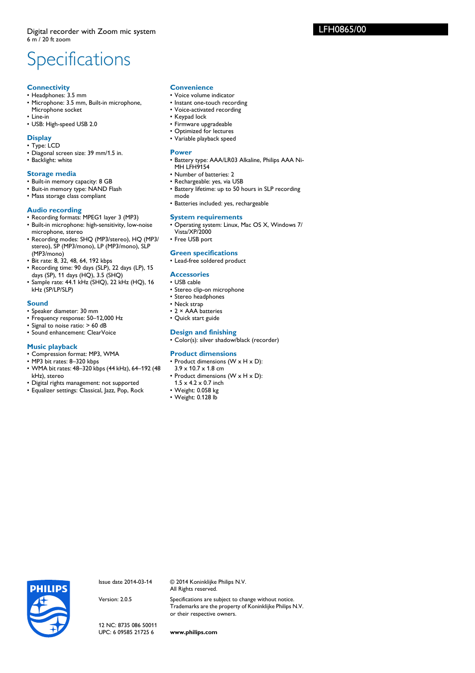 Specifications | Philips Voice Tracer digital recorder LFH0865 6 m - 20 ft zoom with Zoom mic system User Manual | Page 3 / 3