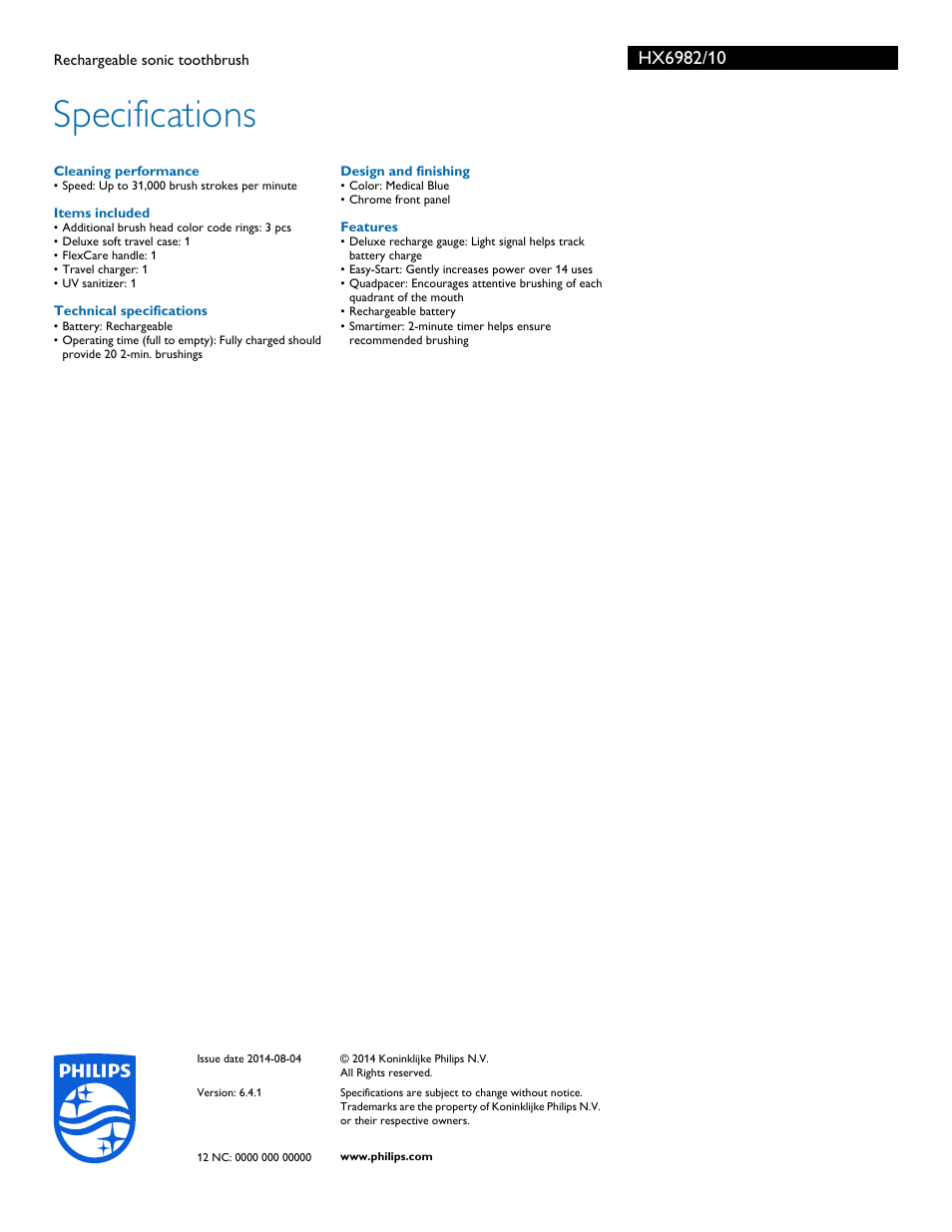 Specifications | Philips HX6982-10 User Manual | Page 3 / 3