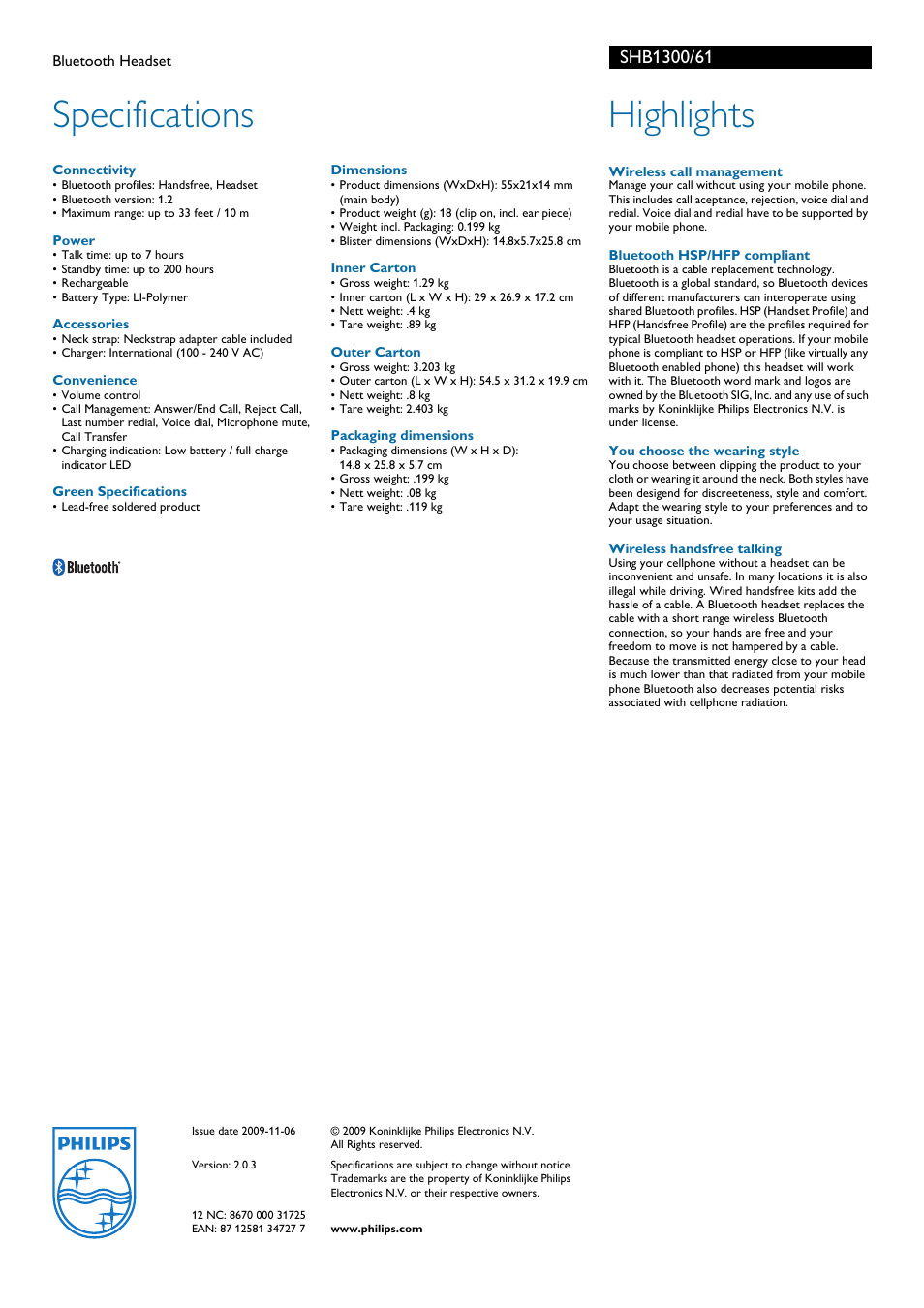 Specifications, Highlights | Philips SHB1300-61 User Manual | Page 2 / 2